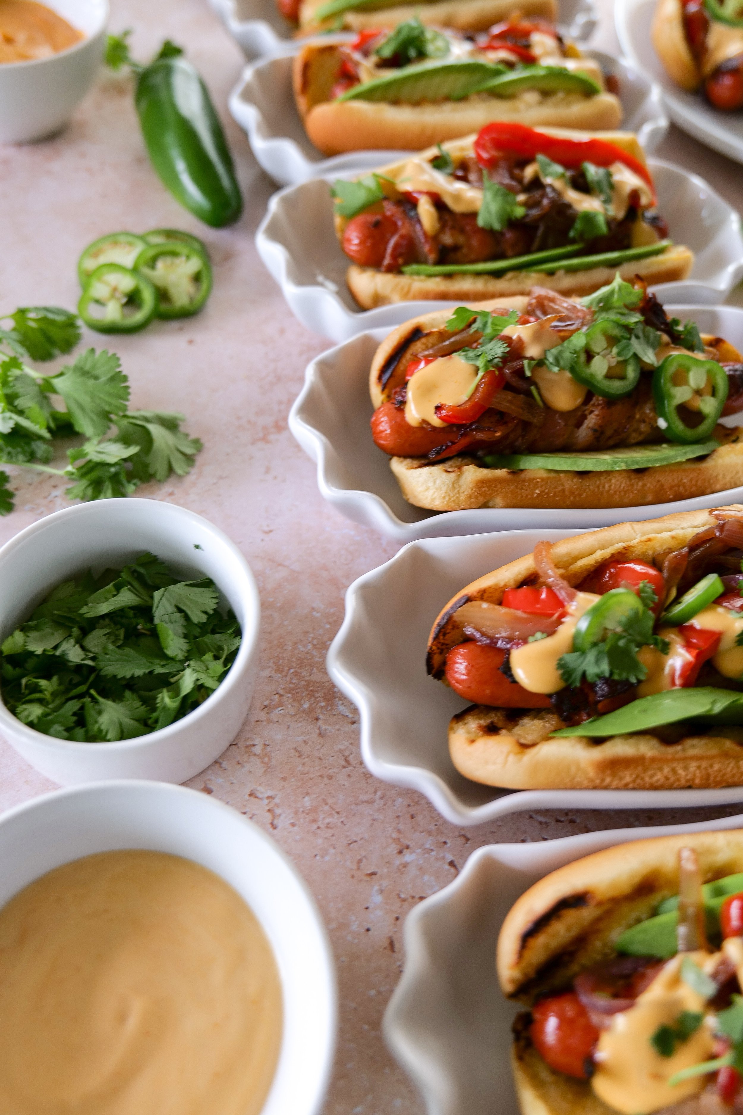 Close-up of a crispy bacon-wrapped hot dog