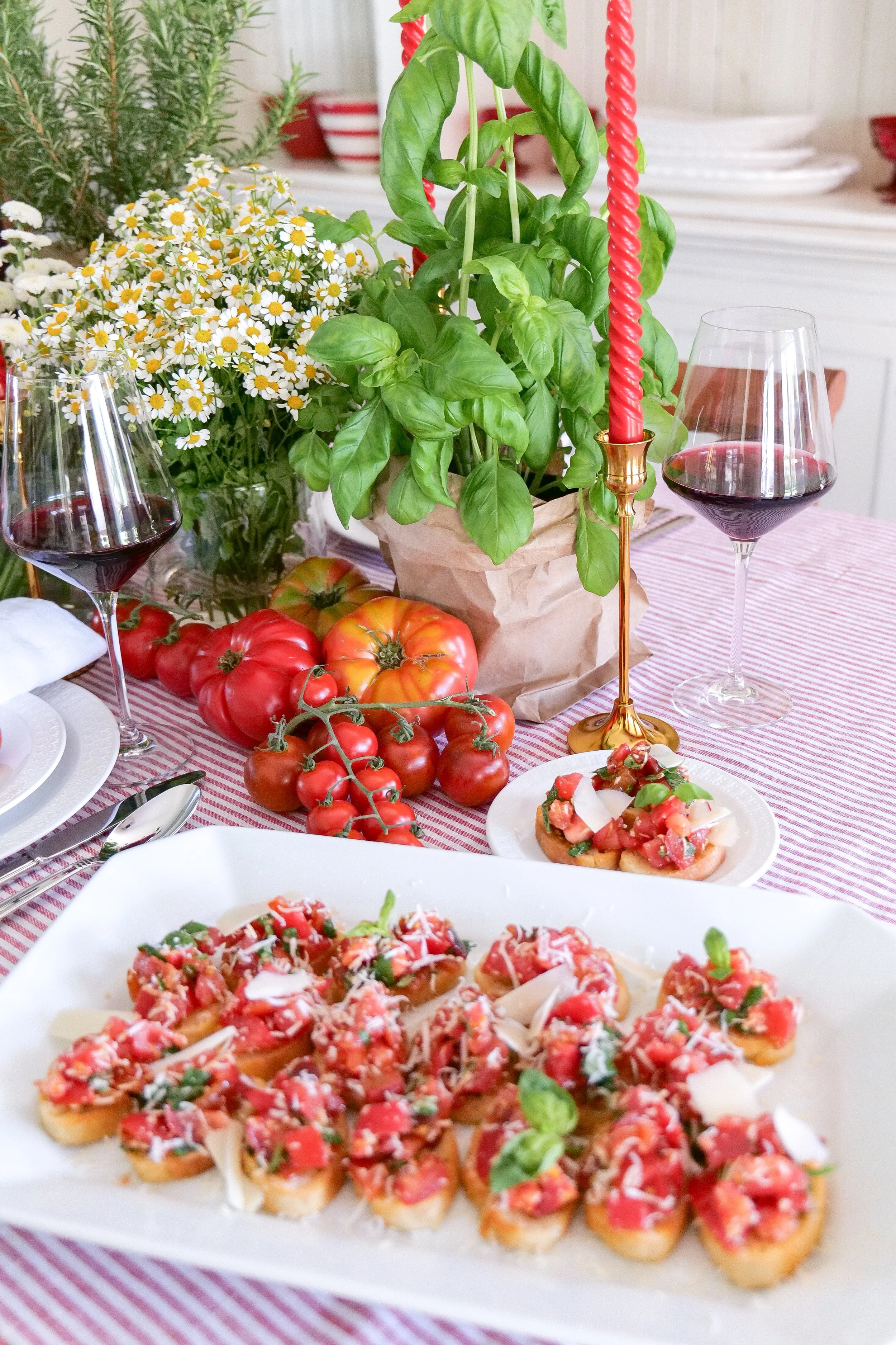 Fresh tomato bruschetta with basil and Parmesan served on toasted bread