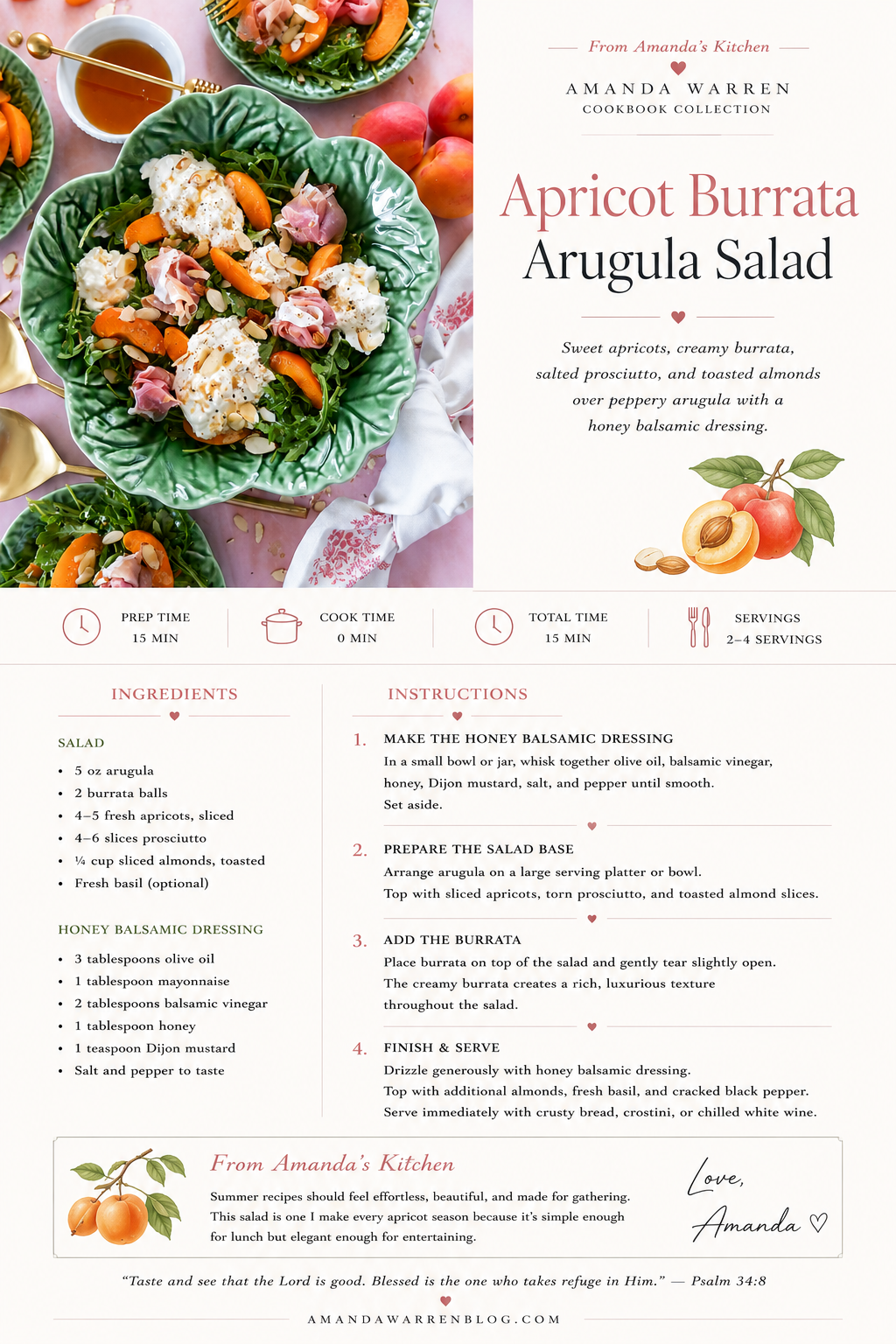Printable Apricot Burrata Arugula Salad recipe card featuring fresh apricots, creamy burrata cheese, peppery arugula, prosciutto, toasted almonds, and a homemade honey balsamic dressing in an elegant cookbook-style design by Amanda Warren.
