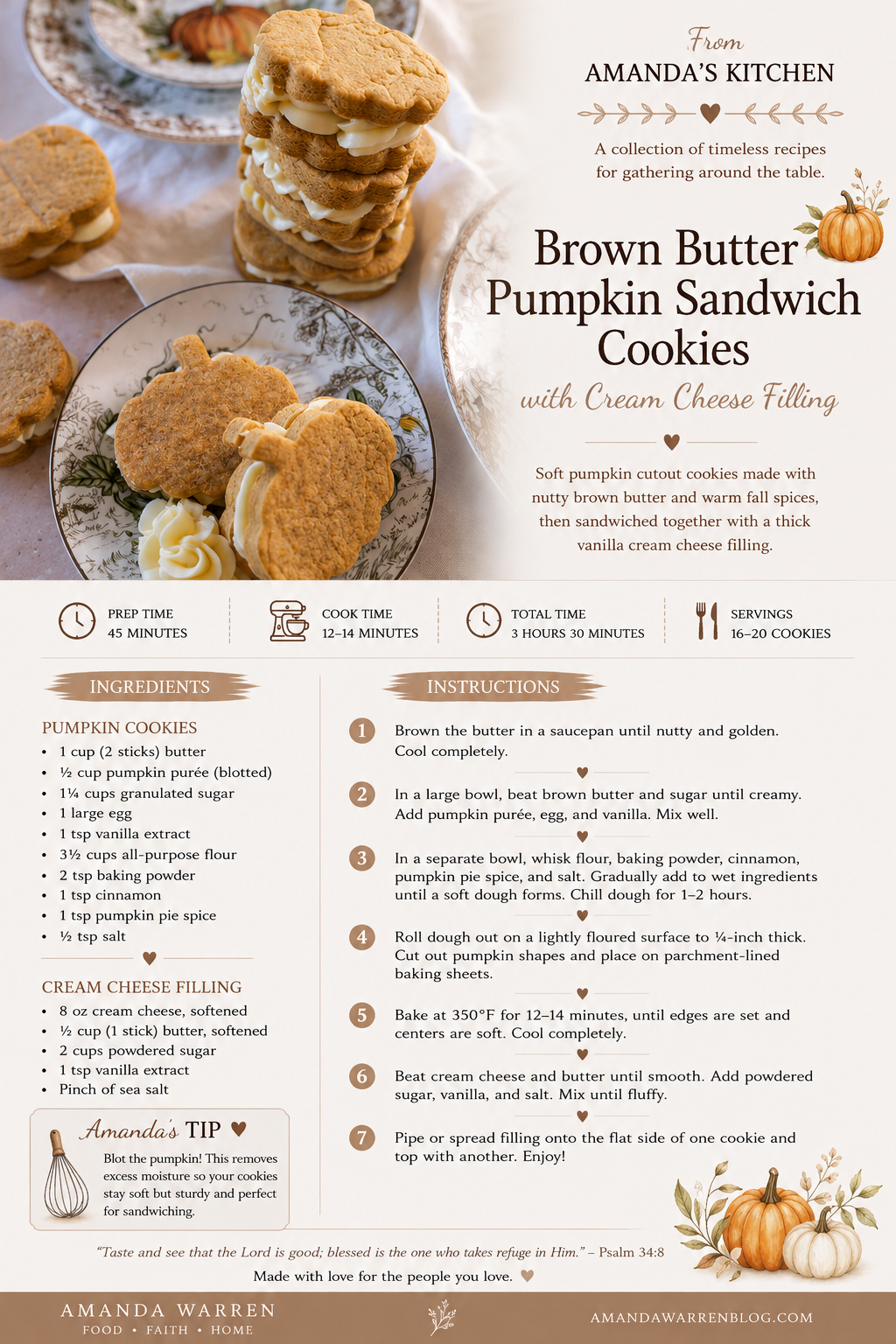 Brown Butter Pumpkin Sandwich Cookies with Cream Cheese Filling recipe card from Amanda's Kitchen