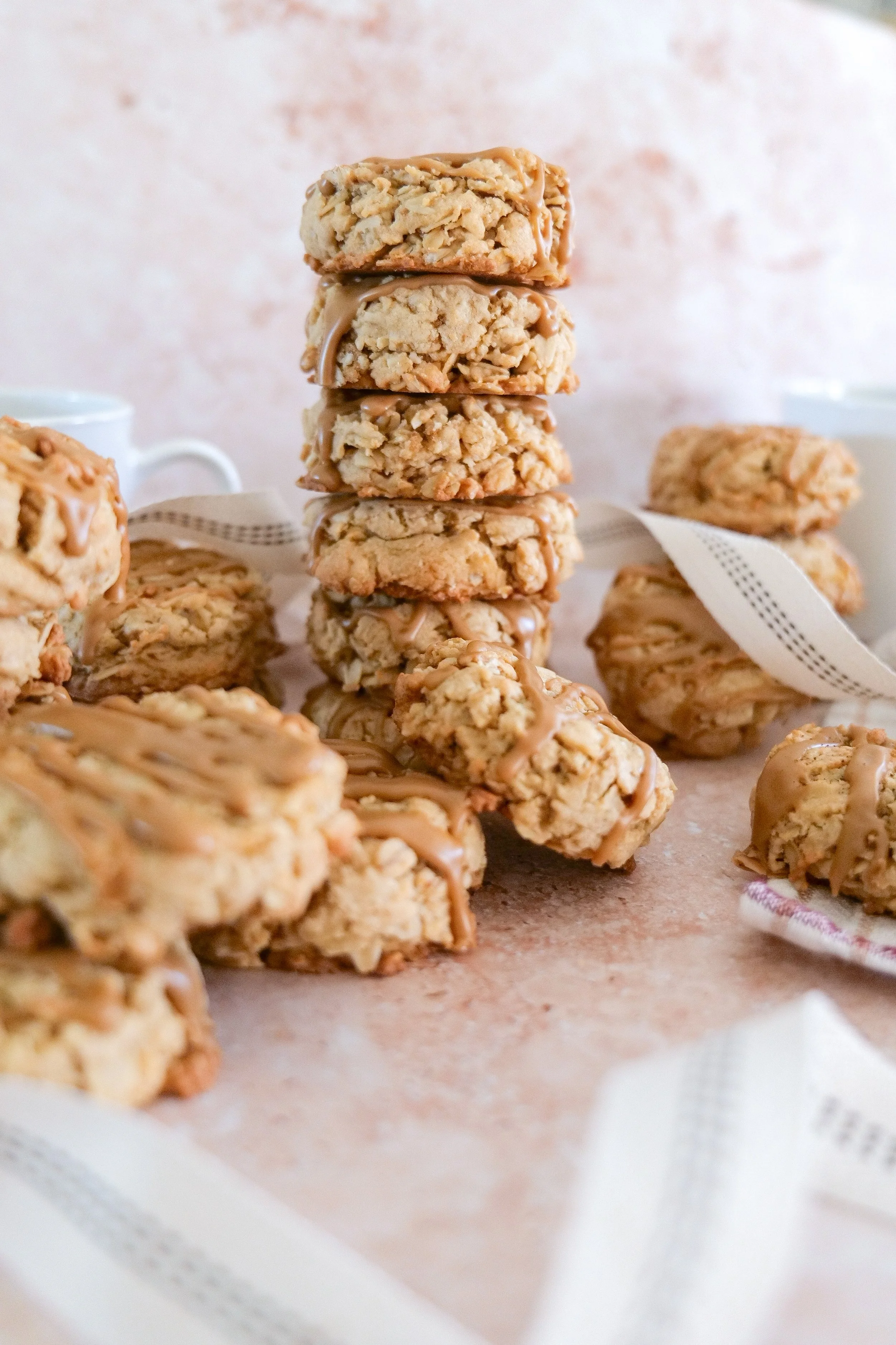 Brown butter oatmeal cookies with chewy centers and a sweet homemade espresso drizzle.