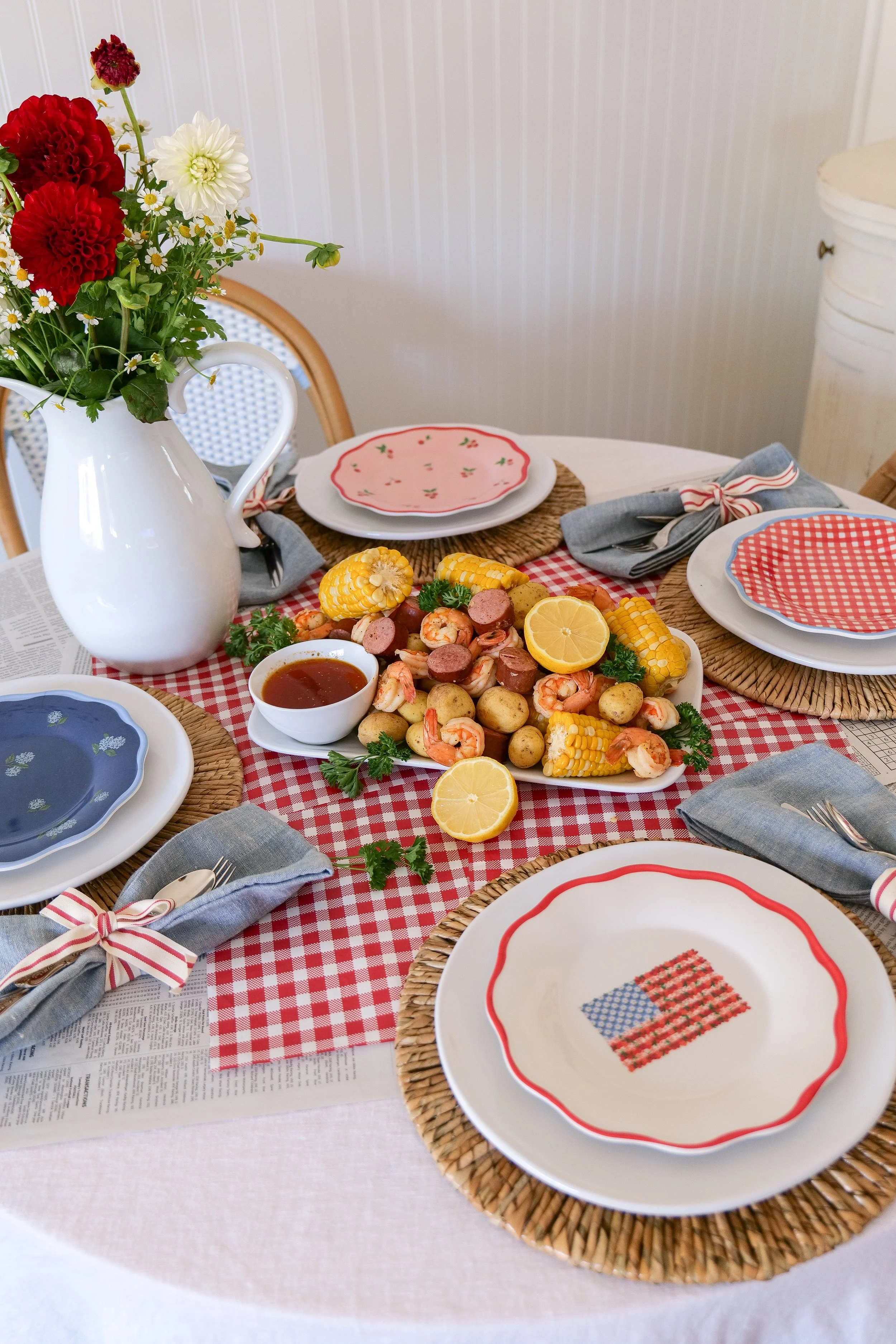 Red, White & Boil tablescape as part of the Americana Summer series.