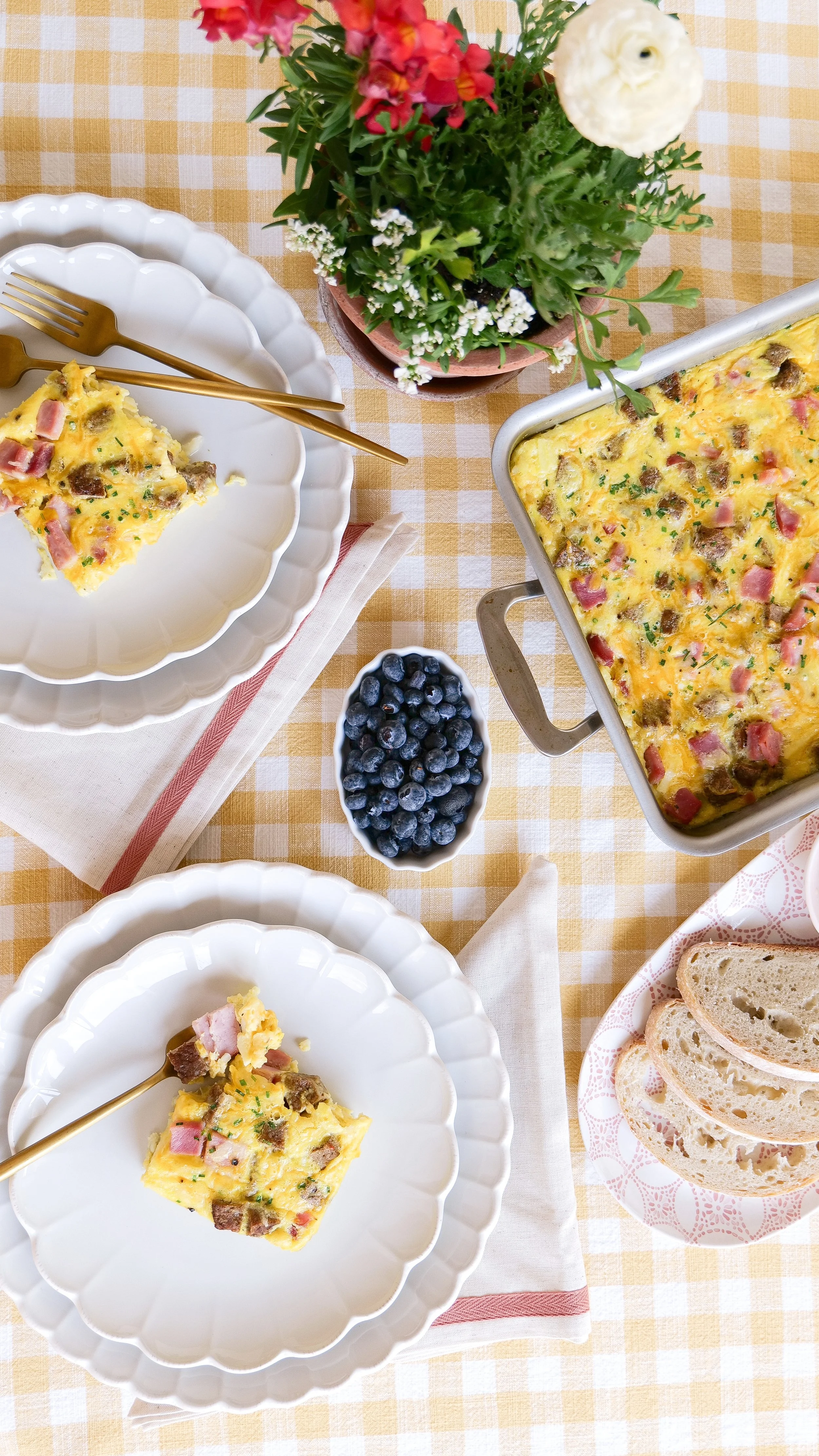 Holiday breakfast casserole ready for Christmas morning or Easter brunch.