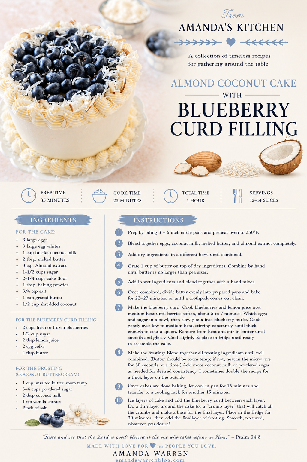 Homemade almond coconut layer cake with blueberry curd filling, coconut buttercream frosting, fresh blueberries, shredded coconut, and sliced almonds on a white cake stand.