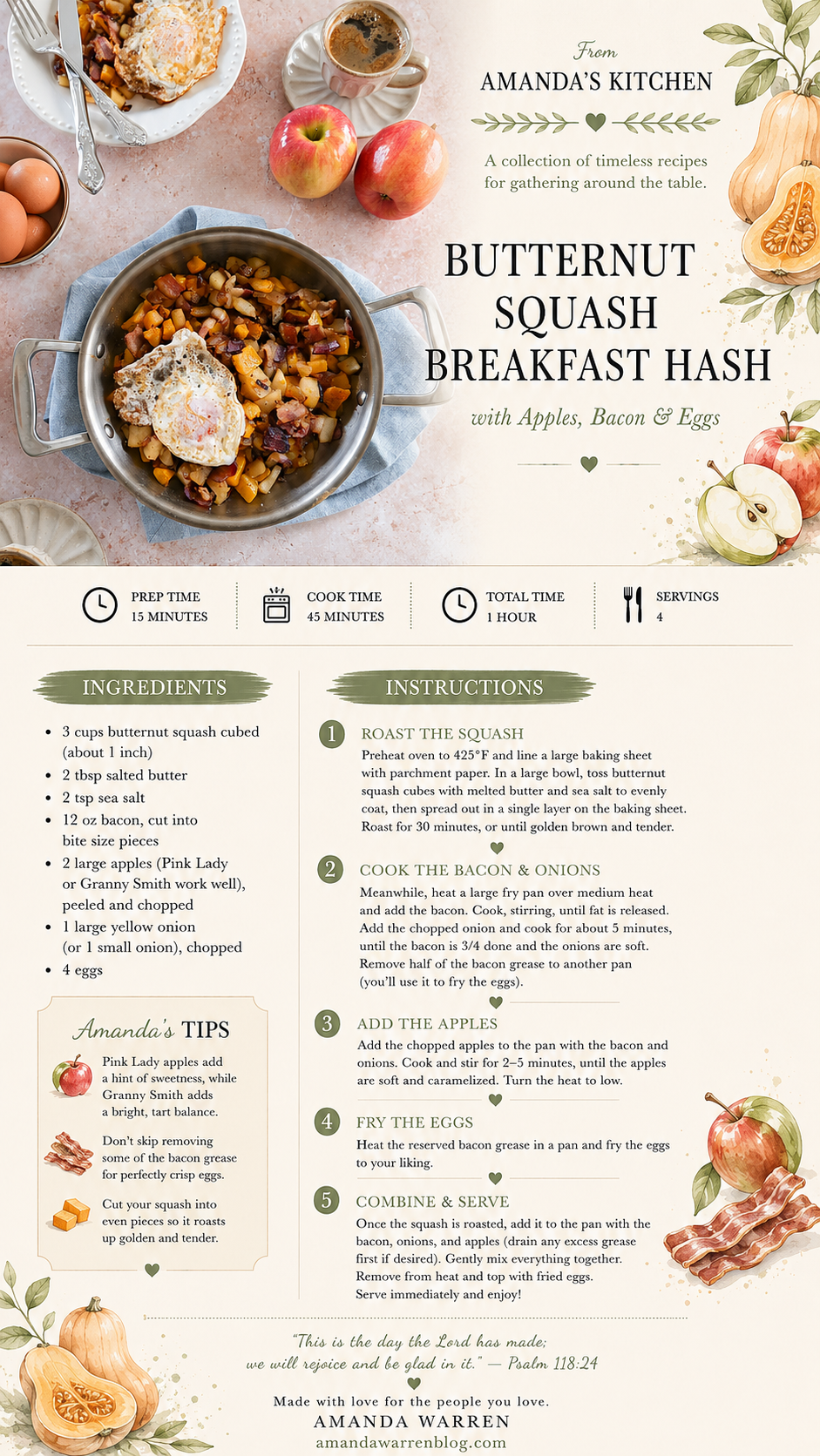 Roasted butternut squash breakfast hash with apples, bacon, onions, and fried eggs served in a skillet with printable Amanda's Kitchen recipe card.