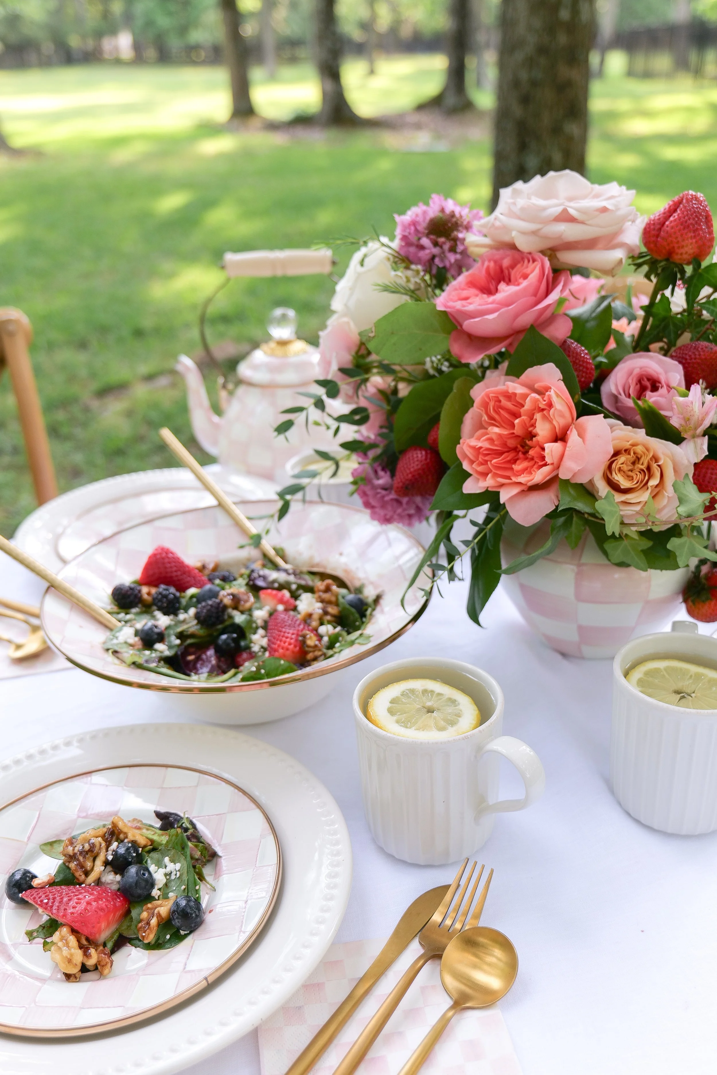 Fresh strawberries incorporated into a floral centerpiece