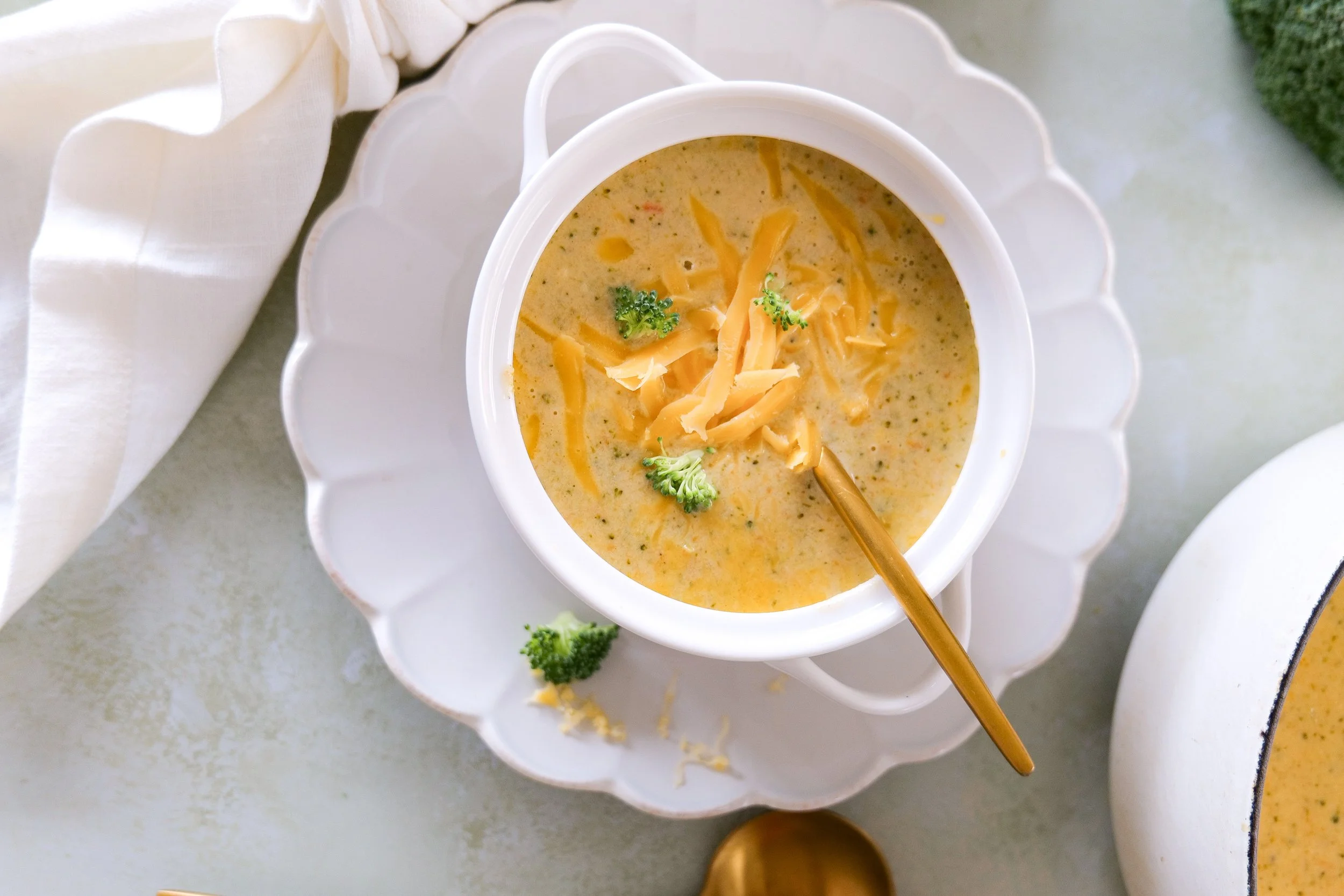 Rich broccoli cheddar soup made with heavy cream and freshly shredded cheddar.