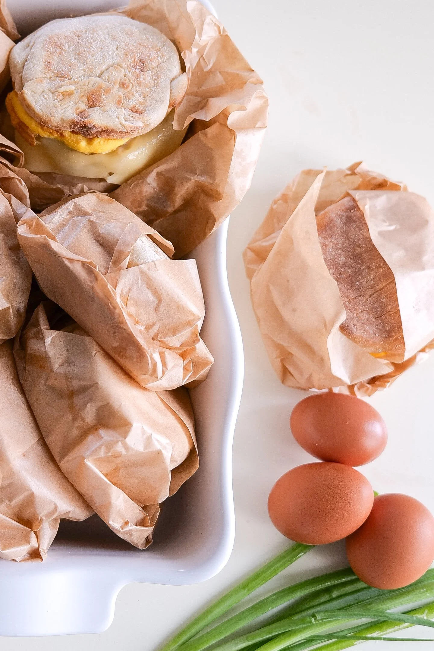 Sausage, egg and cheese breakfast sandwich made with a toasted English muffin.