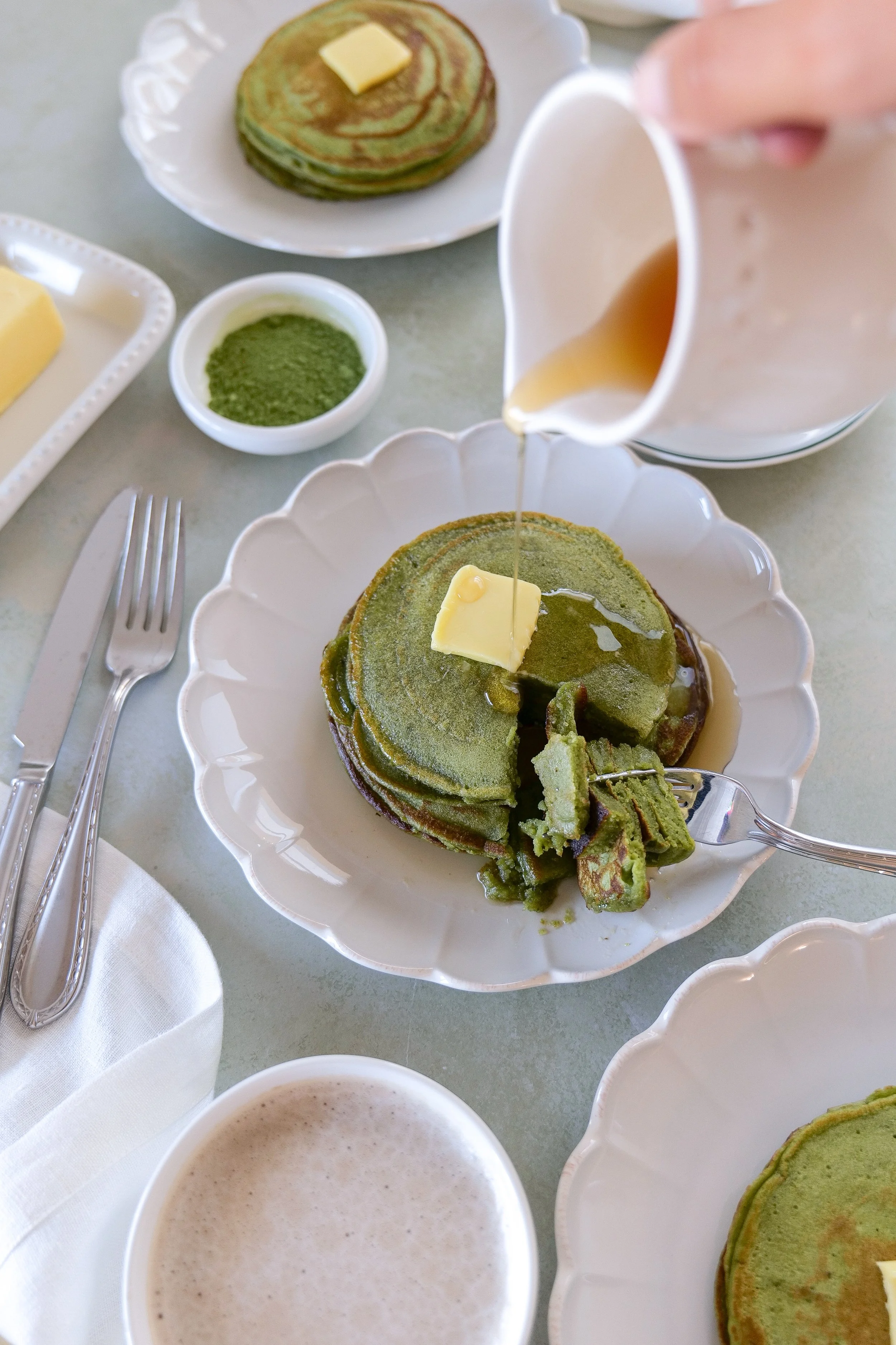 Matcha pancakes made with sourdough discard served for breakfast