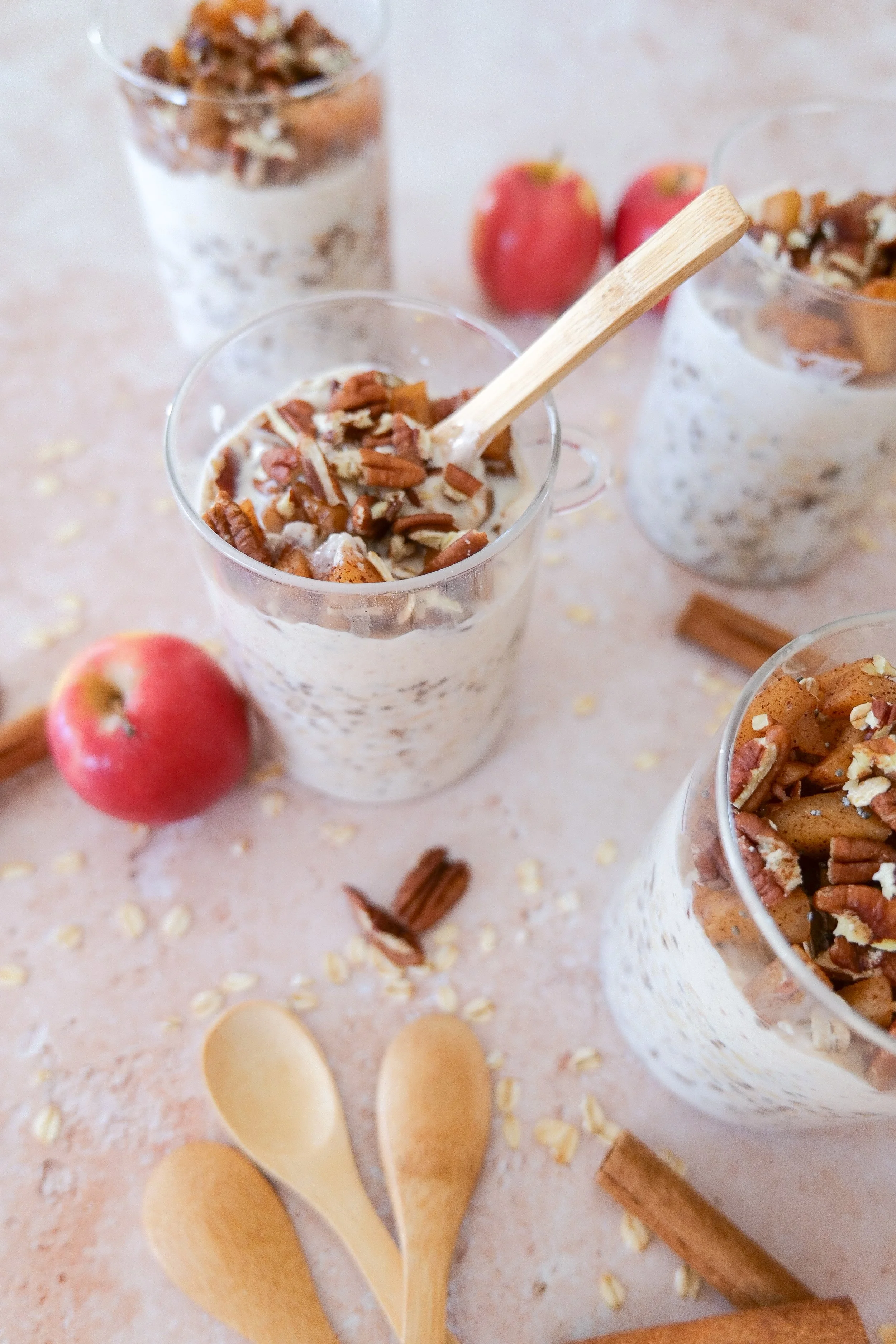 Apple pie oats layered with vanilla Greek yogurt, almond butter and cinnamon apples.