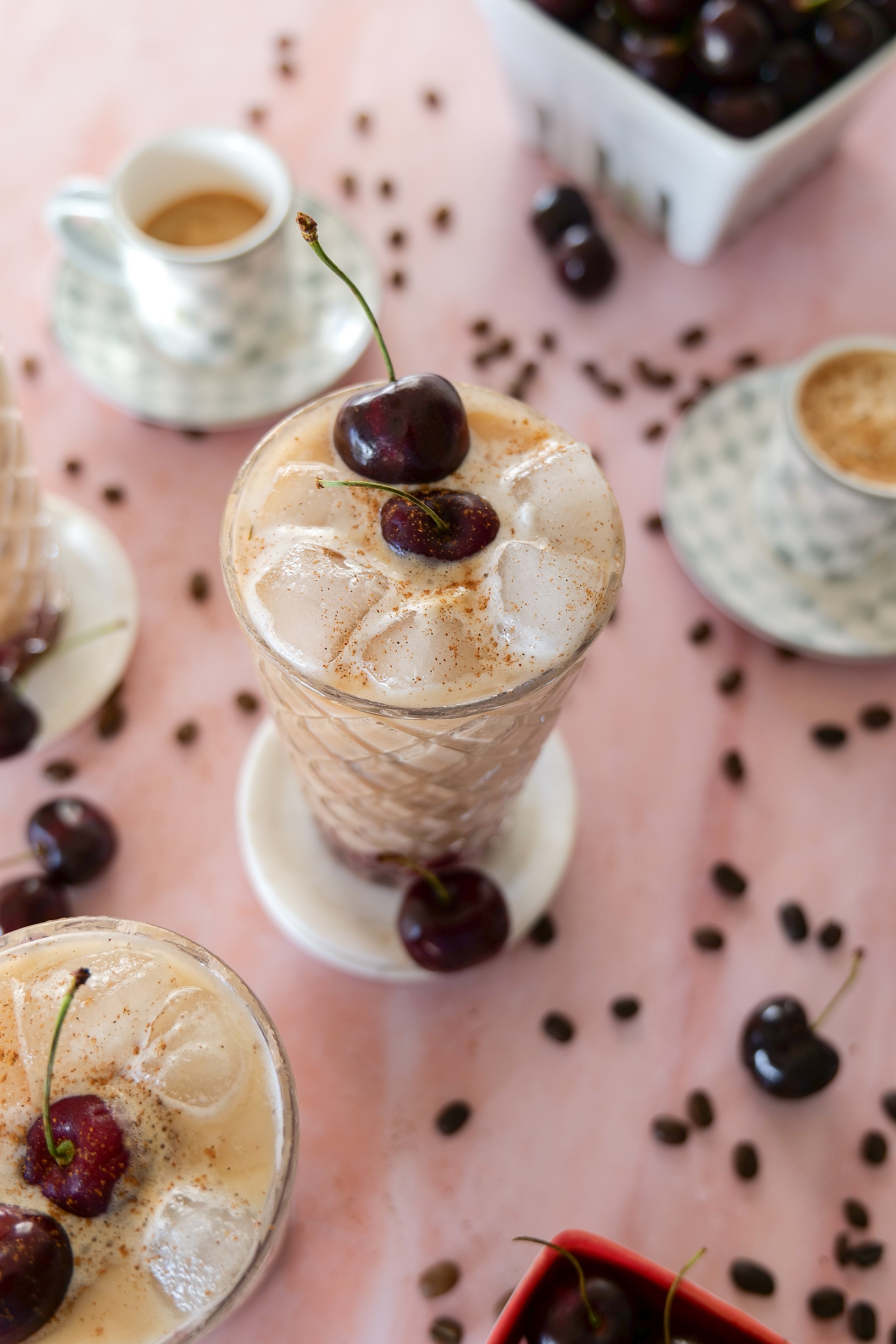 Coffeehouse-style Iced Cherry Cobbler Latte made from scratch at home.