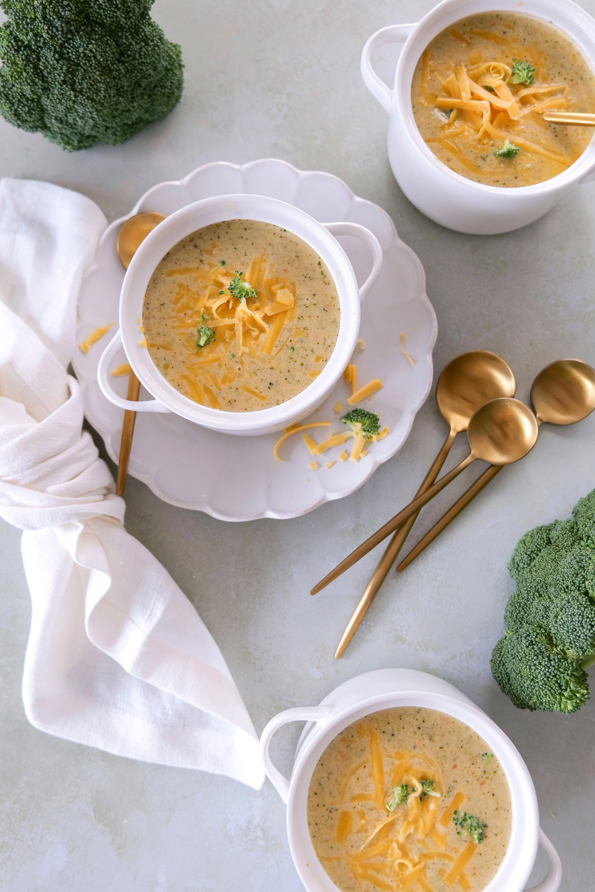 Classic broccoli cheddar soup with a thick creamy texture and fresh vegetables.