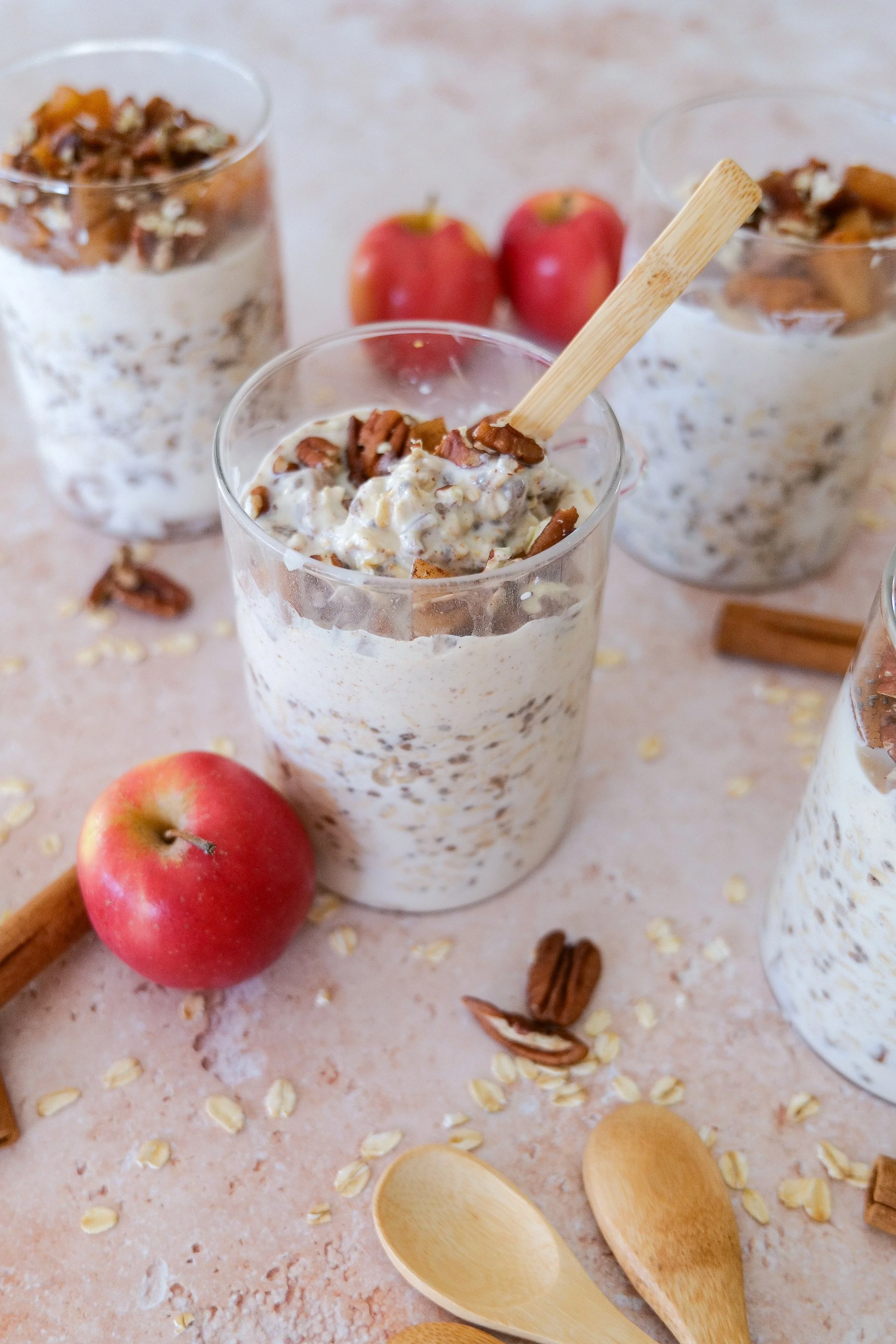 Creamy overnight oats with soft cinnamon apples for an easy make-ahead breakfast.