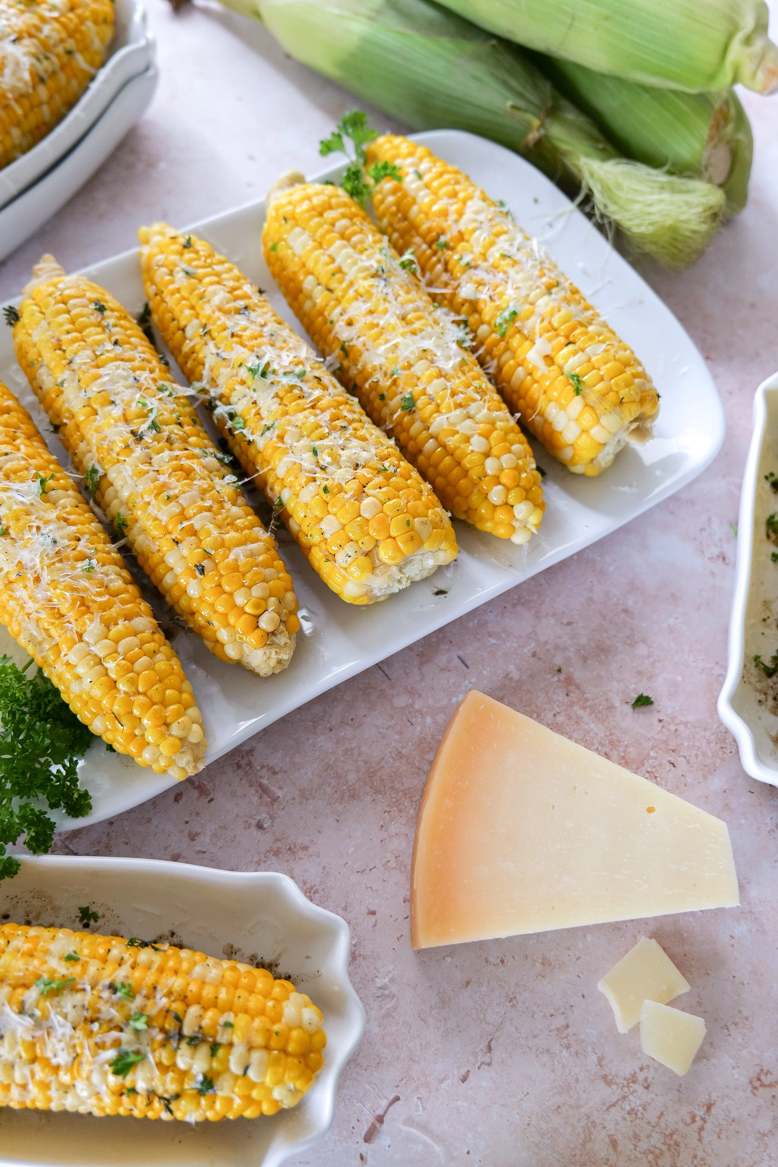 Close-up of corn on the cob coated in brown butter