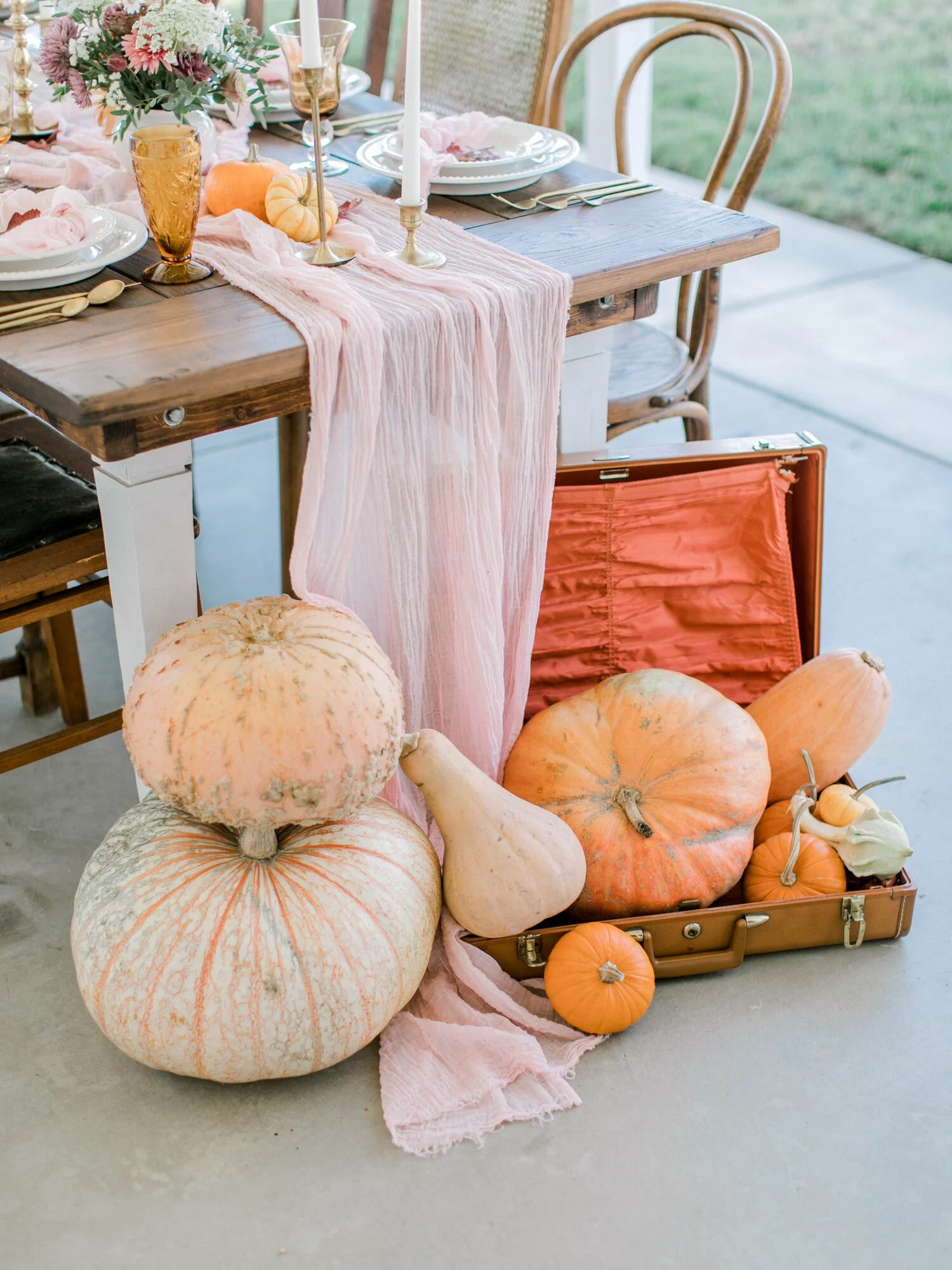 Thanksgiving centerpiece decorated with seasonal produce