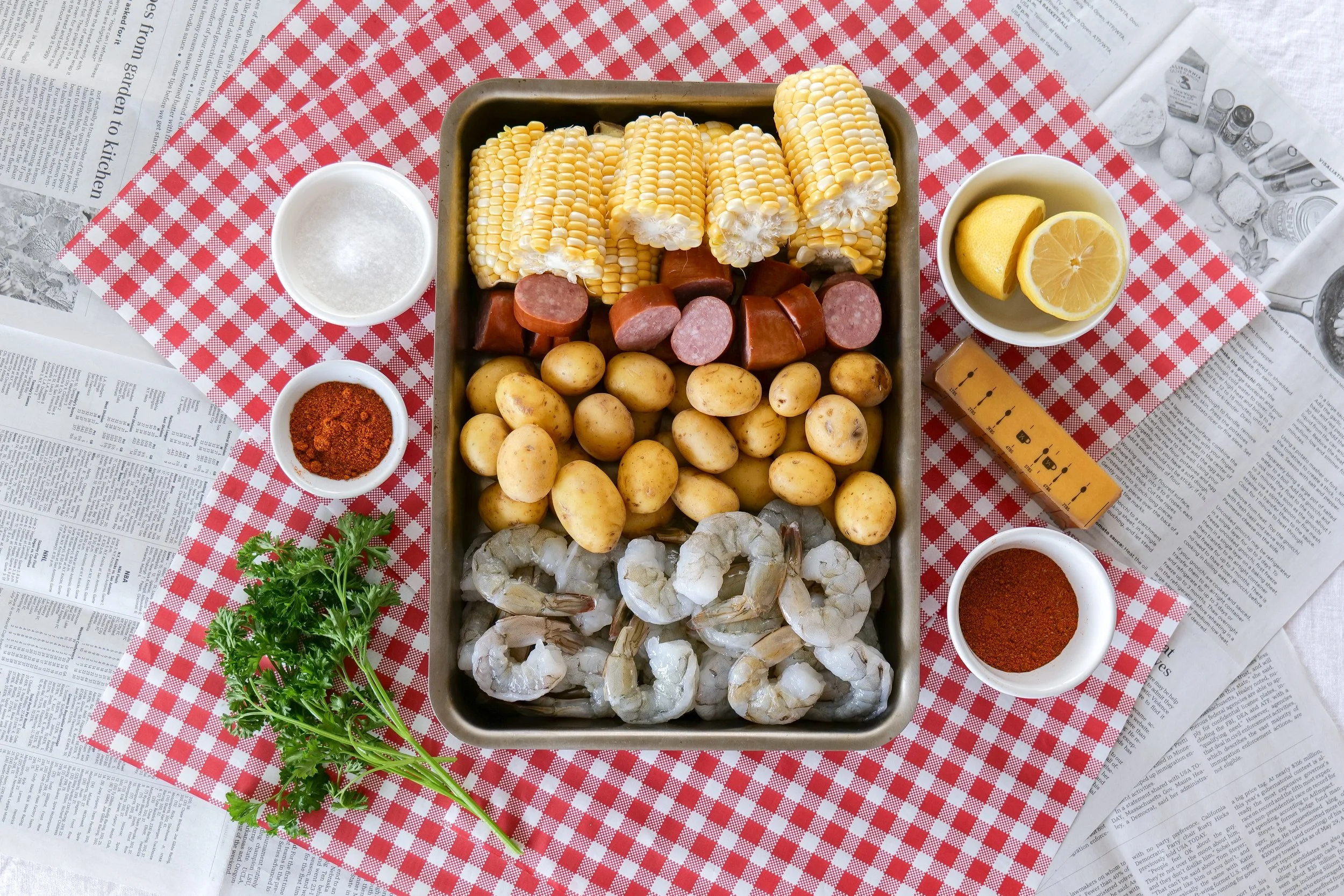 Traditional summer shrimp boil served family-style for outdoor entertaining.