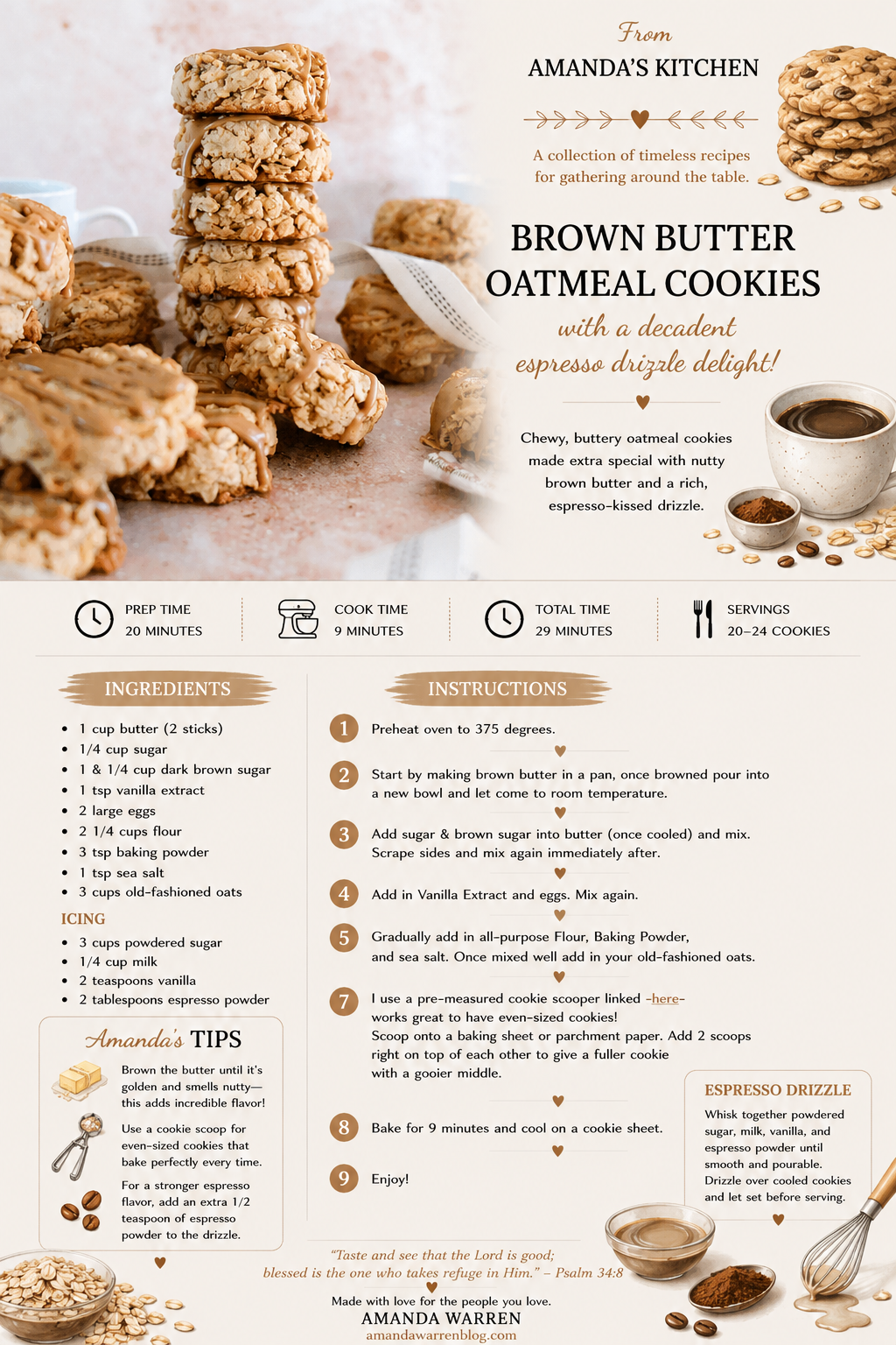 brown butter oatmeal cookies recipe card