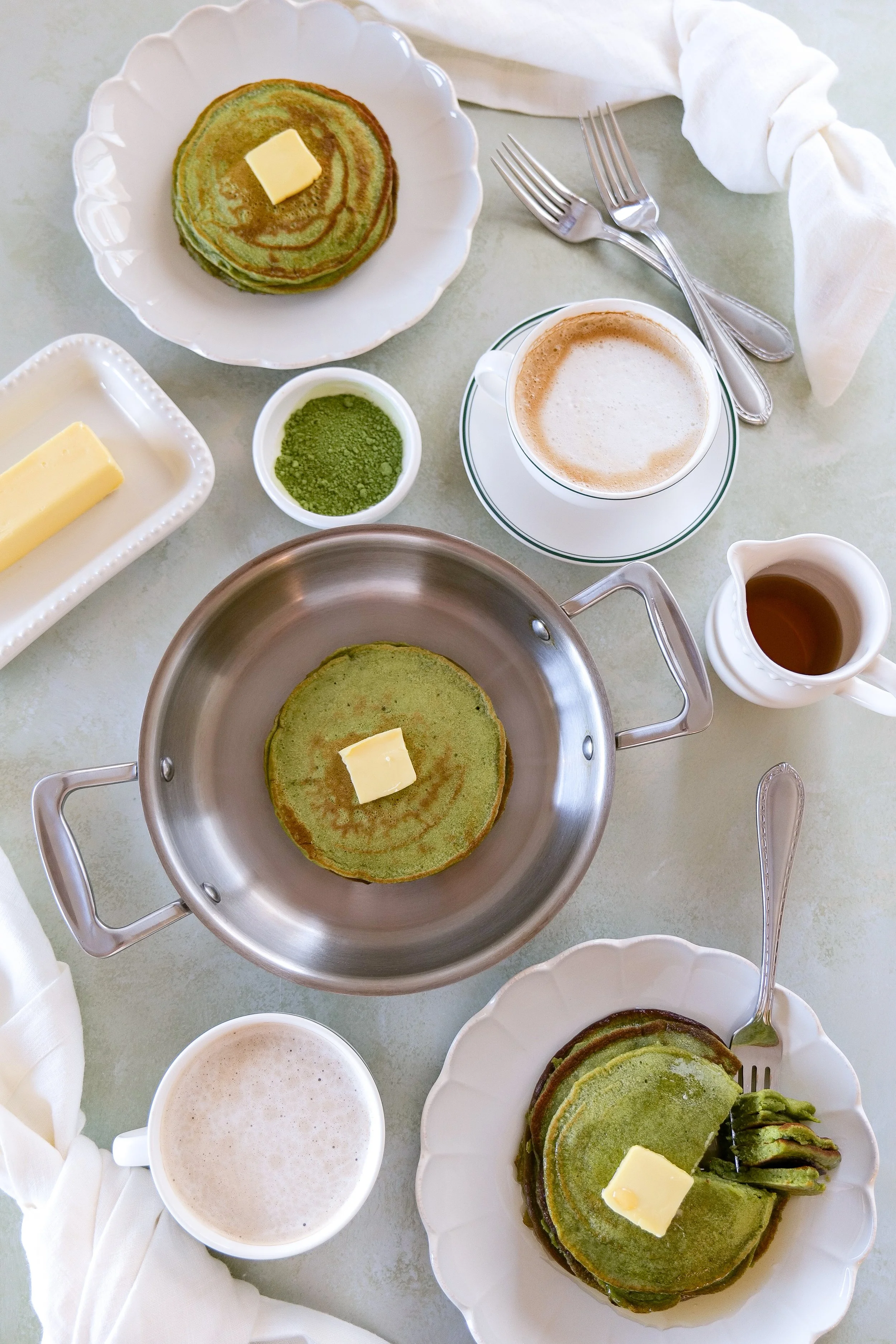 Cozy breakfast plate of matcha sourdough discard pancakes and coffee