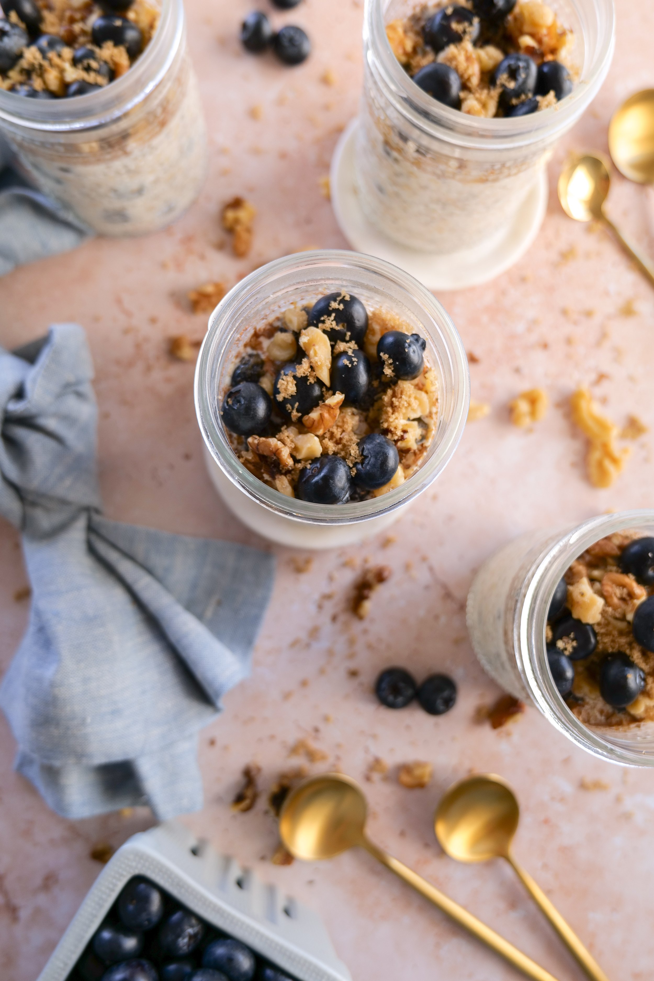 Blueberry Pie Overnight Oats topped with fresh blueberries for a healthy breakfast.