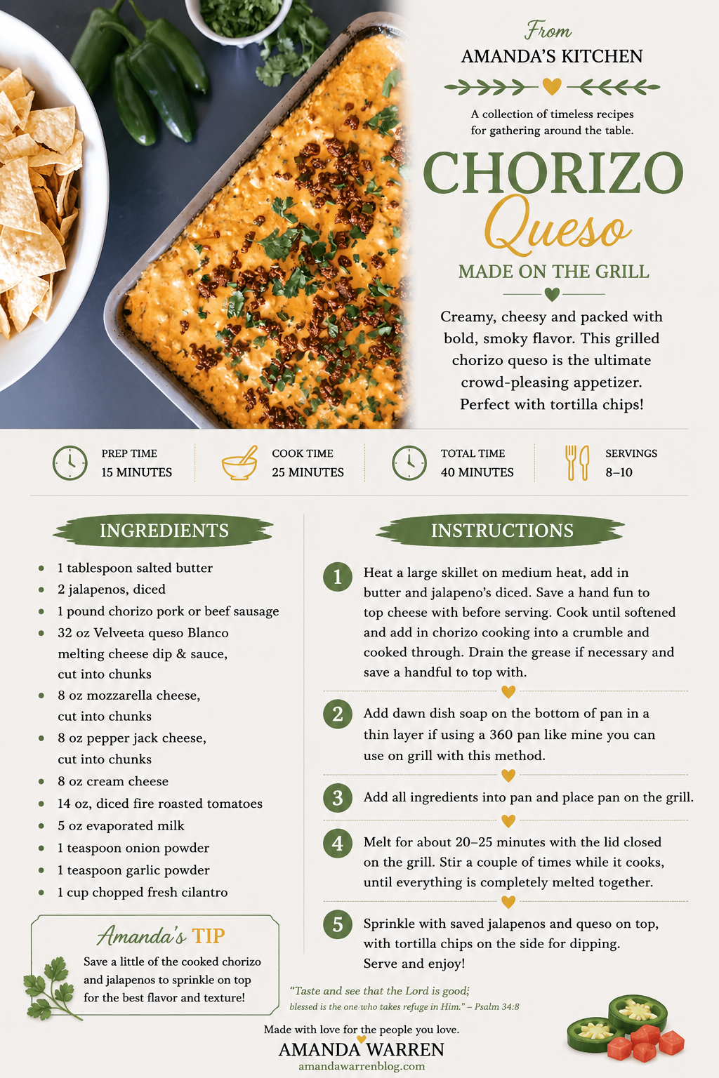 Grilled Chorizo Queso printable recipe card