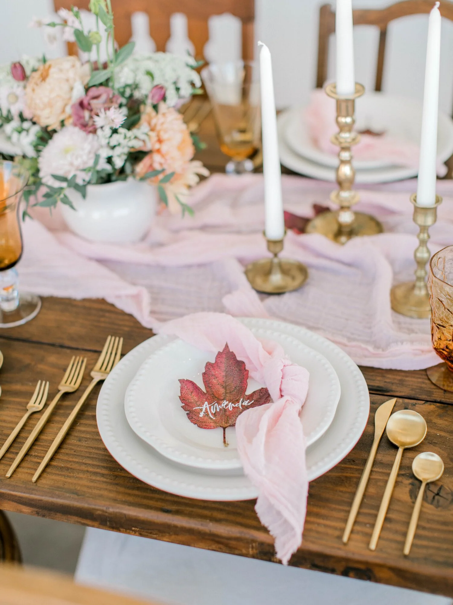 Fall table setting with leaf-shaped place card