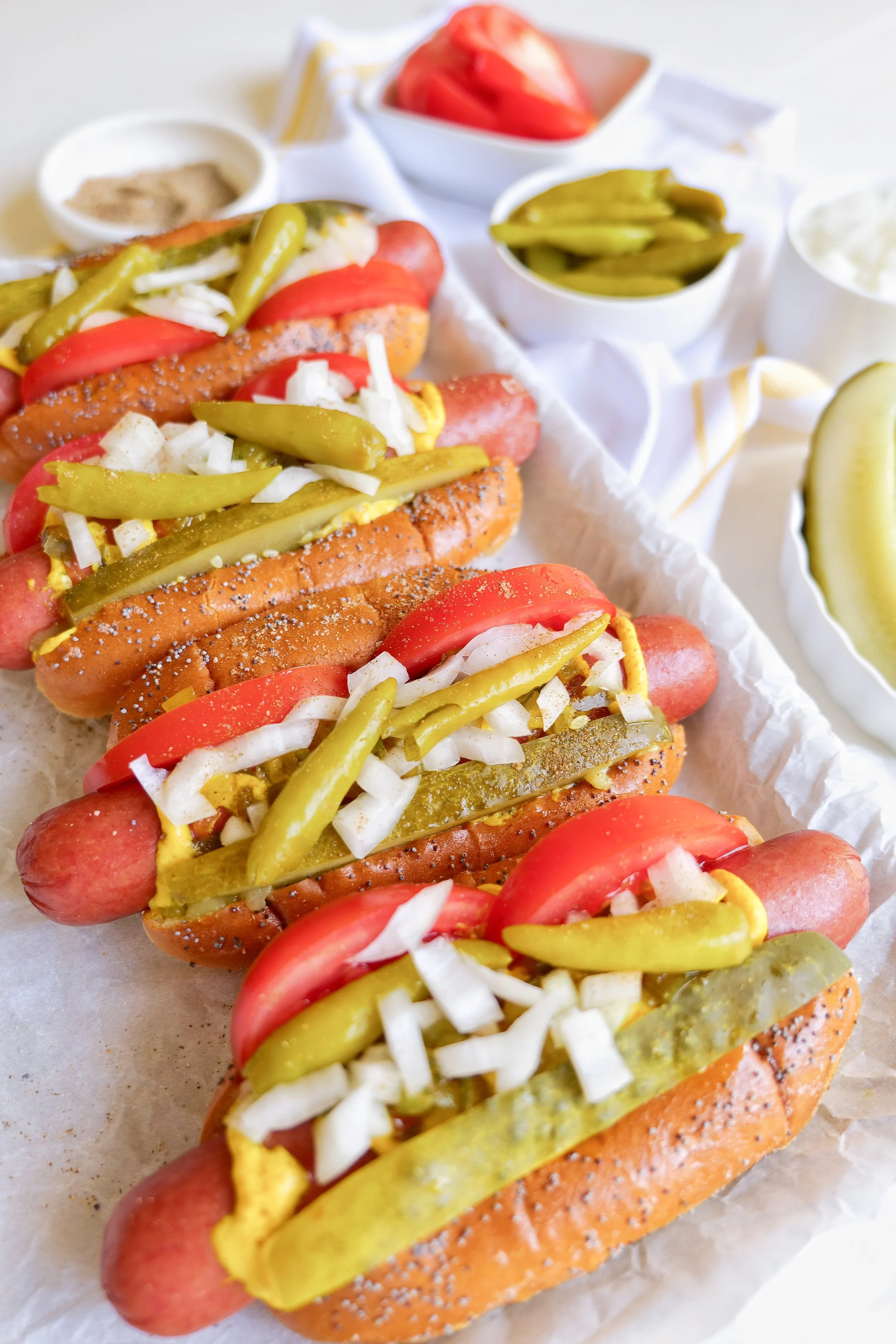 Overhead view of homemade Chicago style hot dogs for summer entertaining.