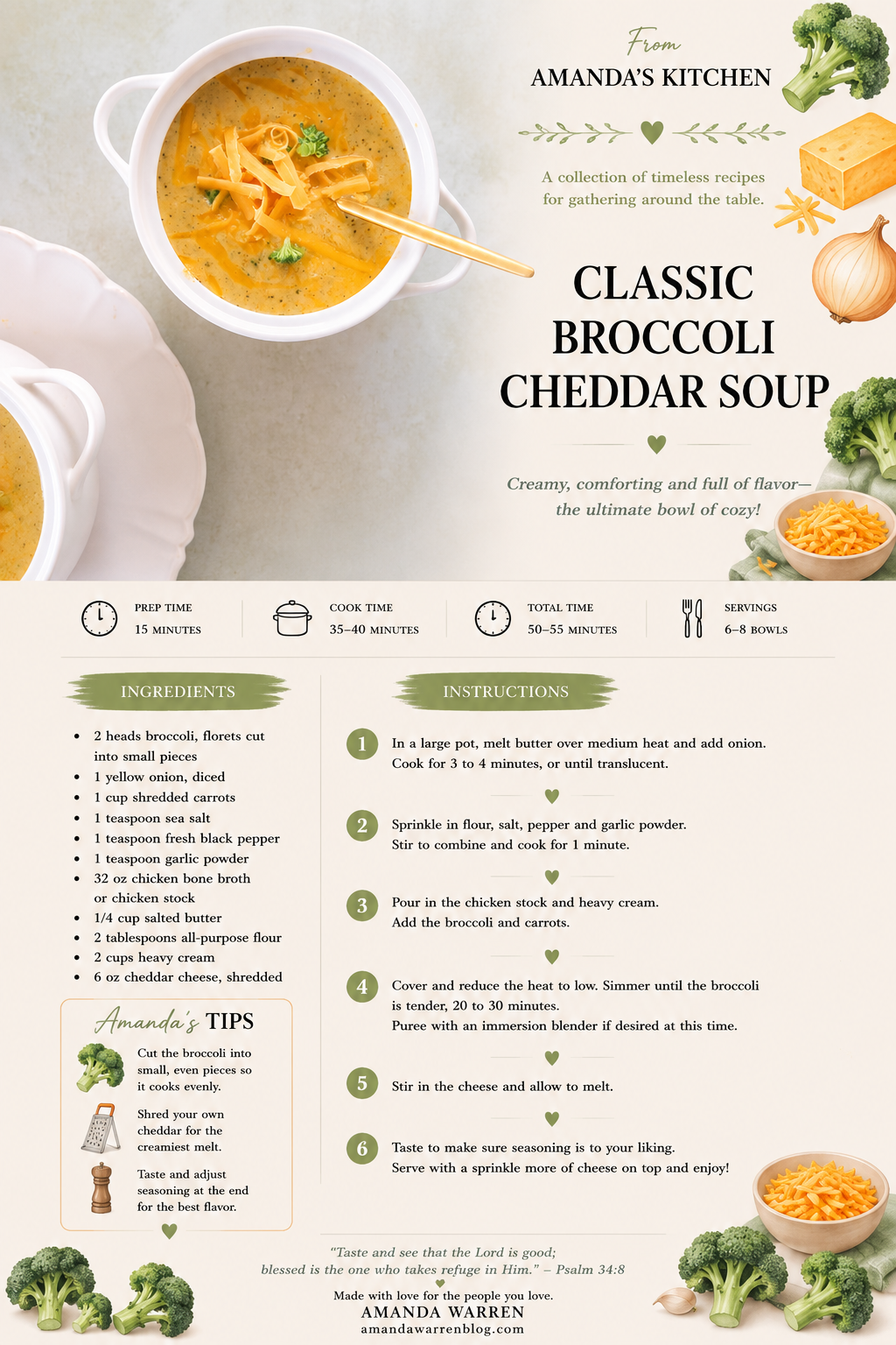 Printable creamy broccoli cheddar soup recipe card from Amanda’s Kitchen.
