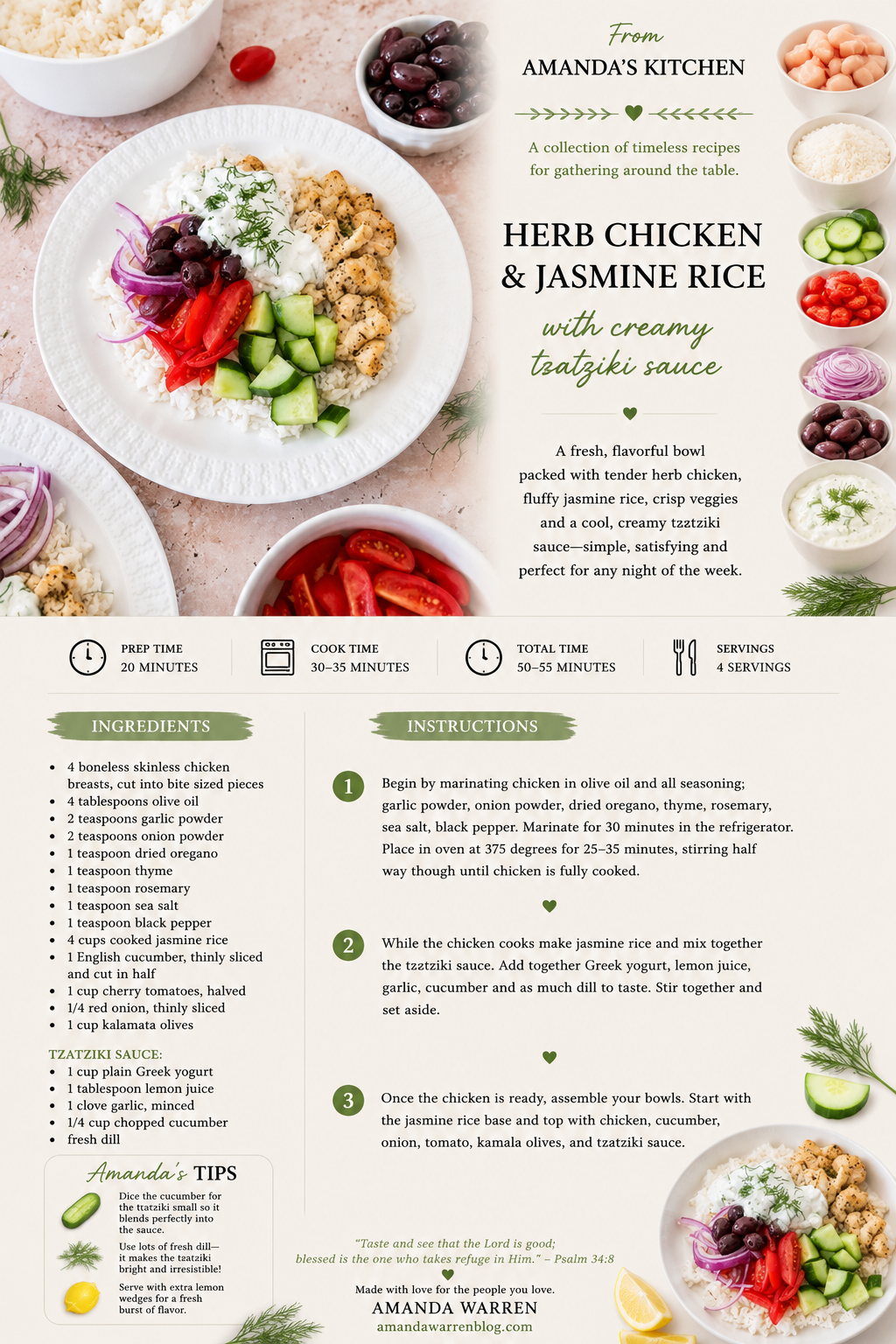 Printable From Amanda’s Kitchen recipe card for Greek chicken and rice bowls with homemade tzatziki.