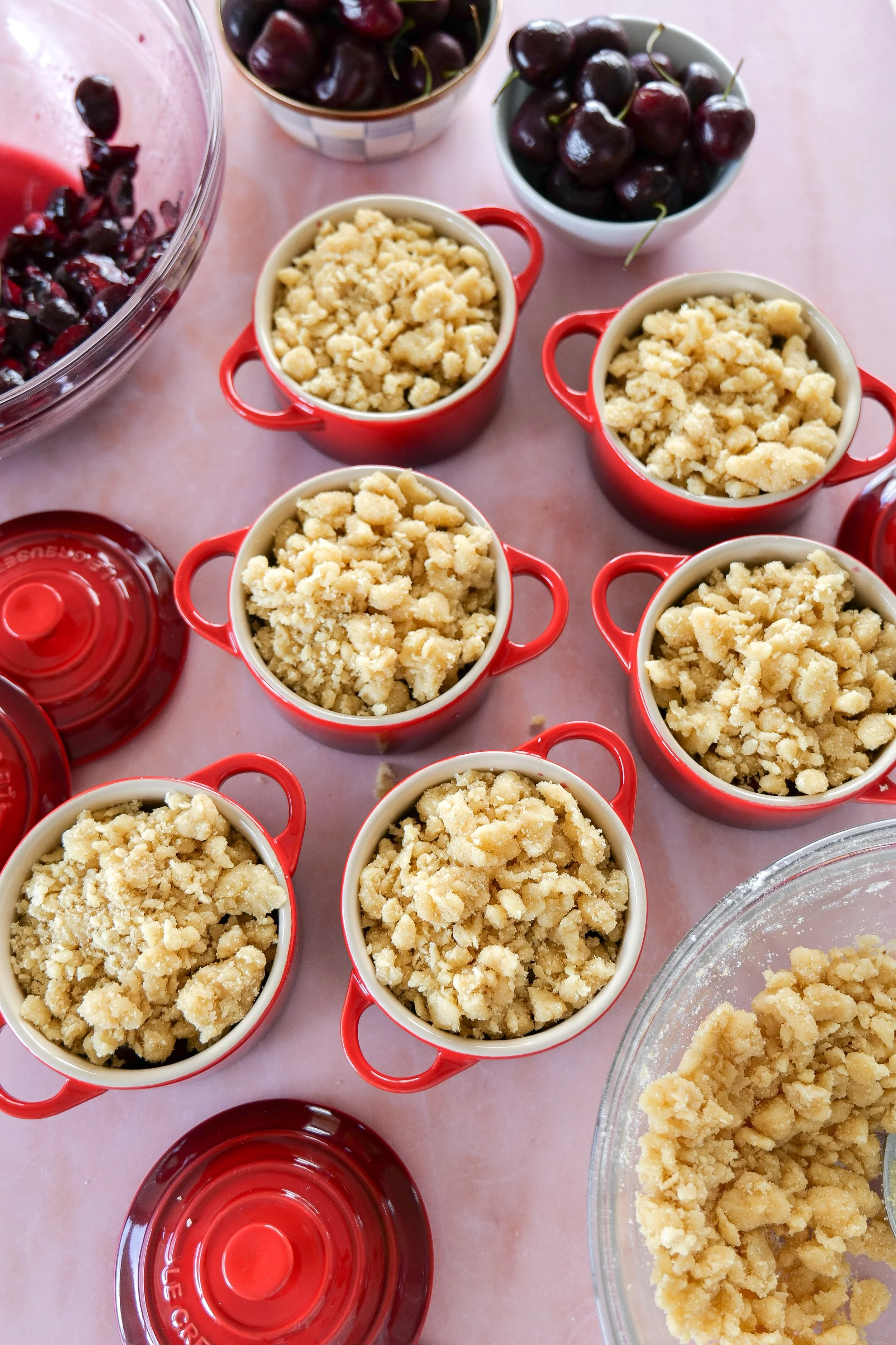 Summer dessert featuring sweet cherries and cobbler topping