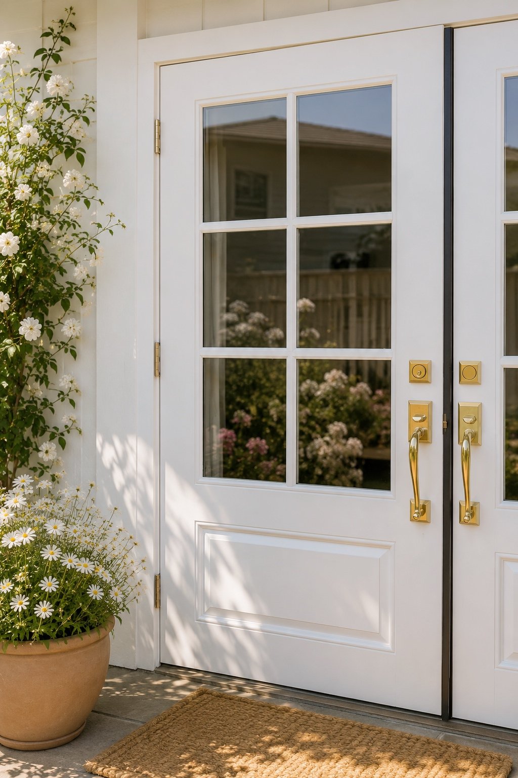 Elegant brass door knob styled in a bright modern traditional home with classic finishes.