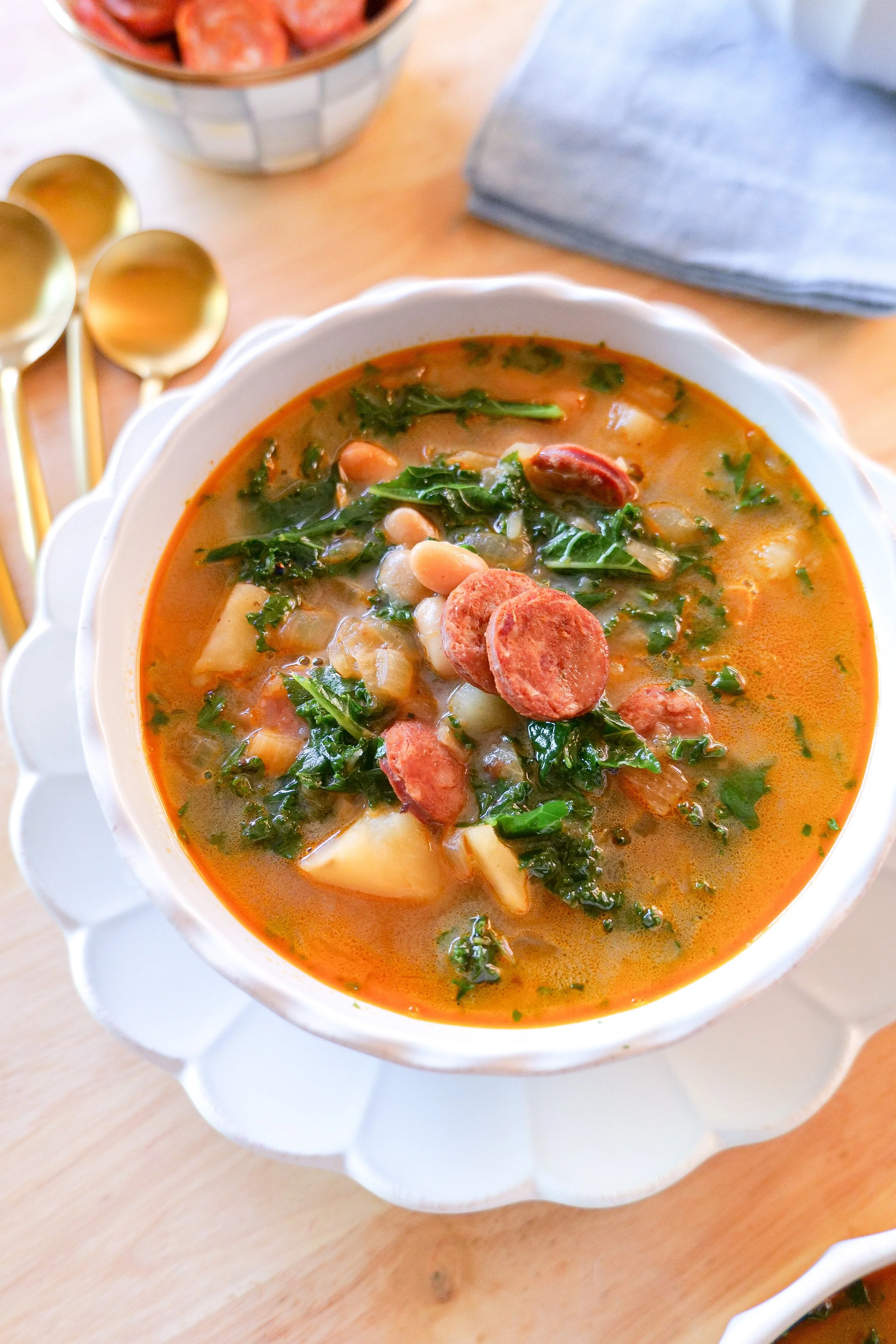Portuguese kale soup with white beans, sliced linguiça and Yukon Gold potatoes.