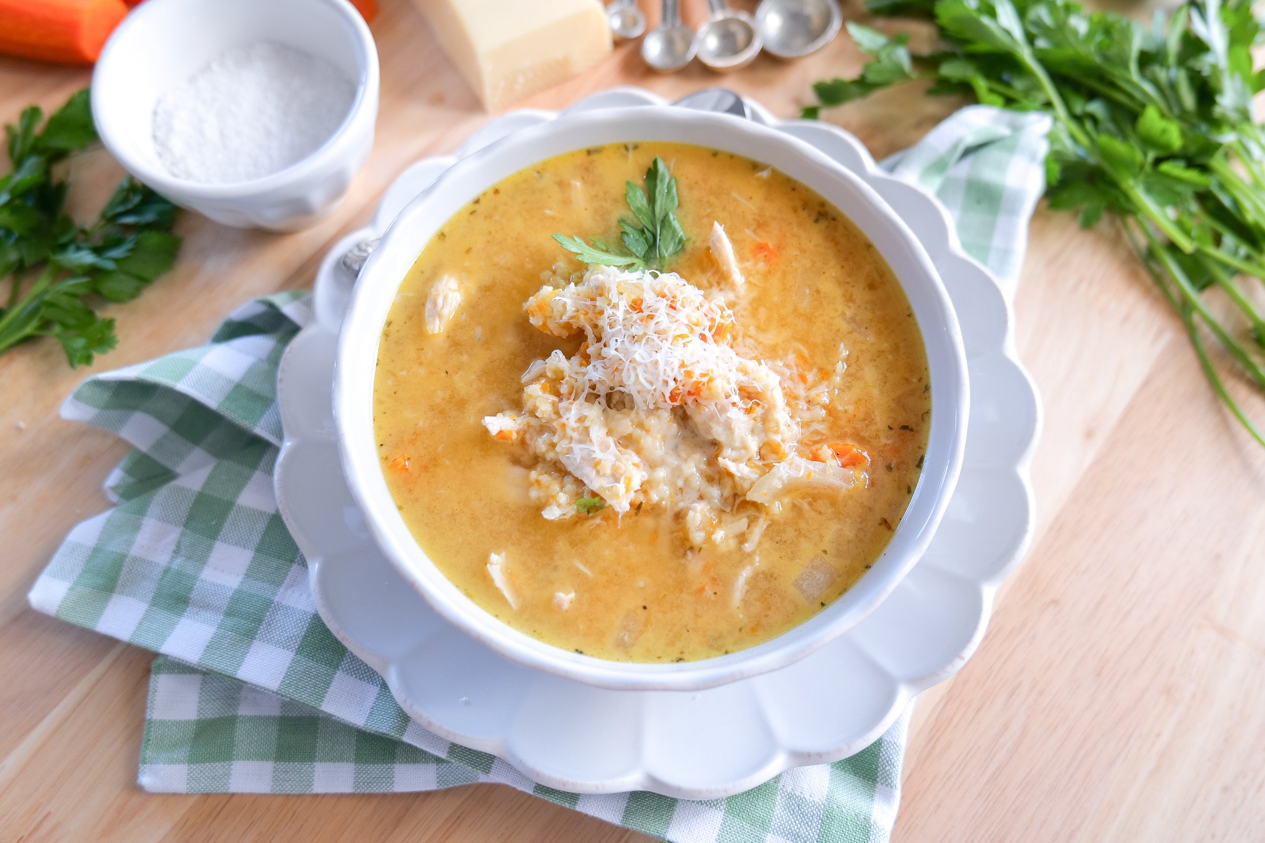 Italian Penicillin chicken soup with shredded chicken, vegetables and small pasta in savory broth.