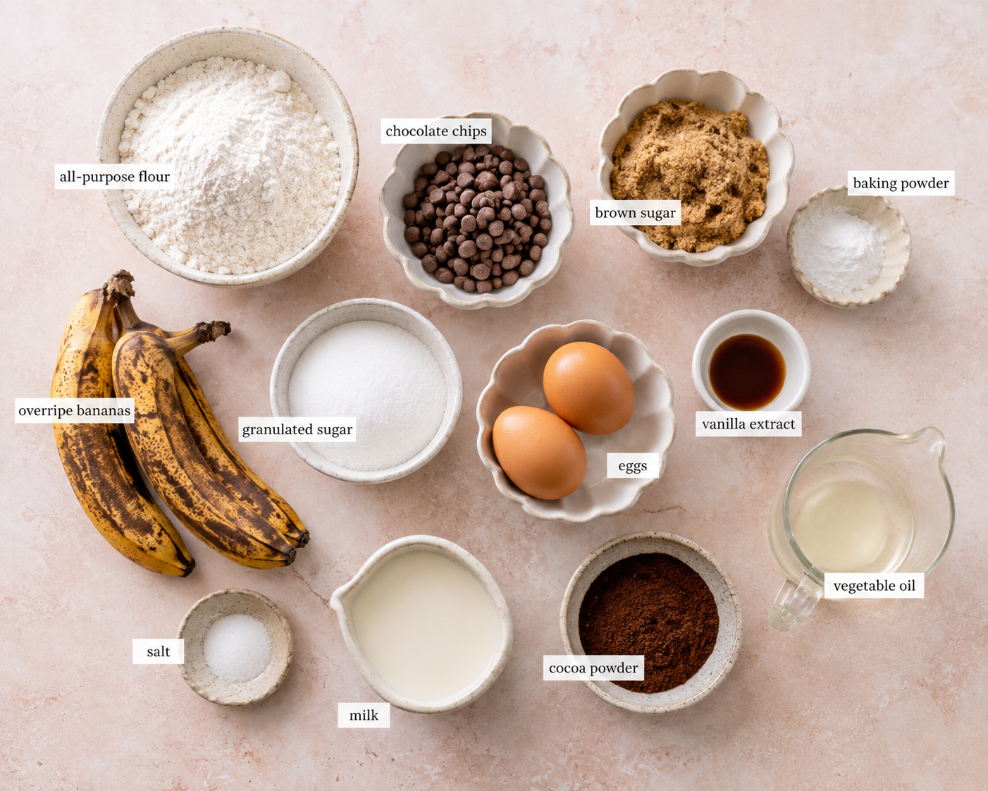 Ingredients for making banana chocolate chip cake with whipped chocolate ganache.