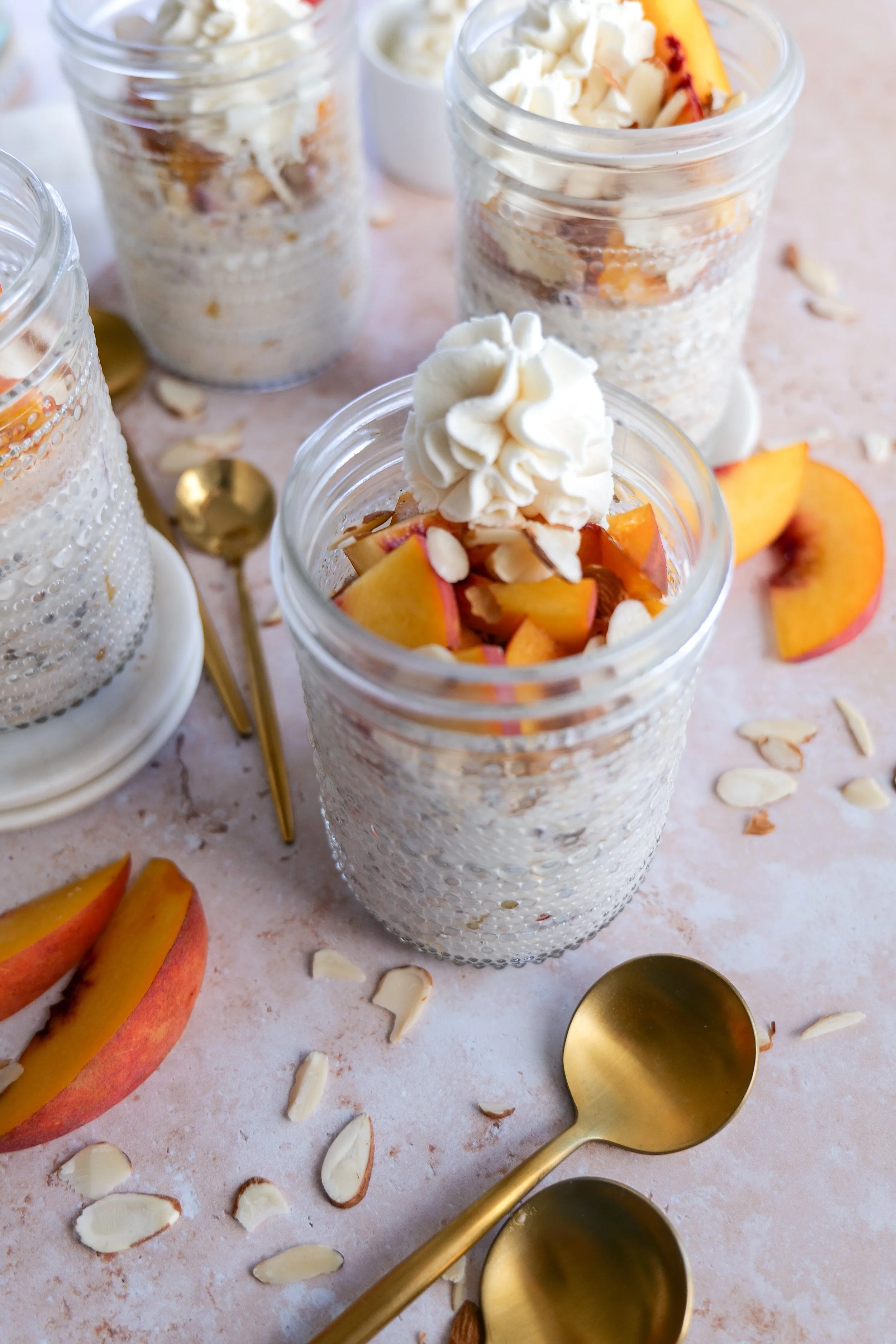 Healthy Peach Cobbler Overnight Oats served as an easy summer breakfast.
