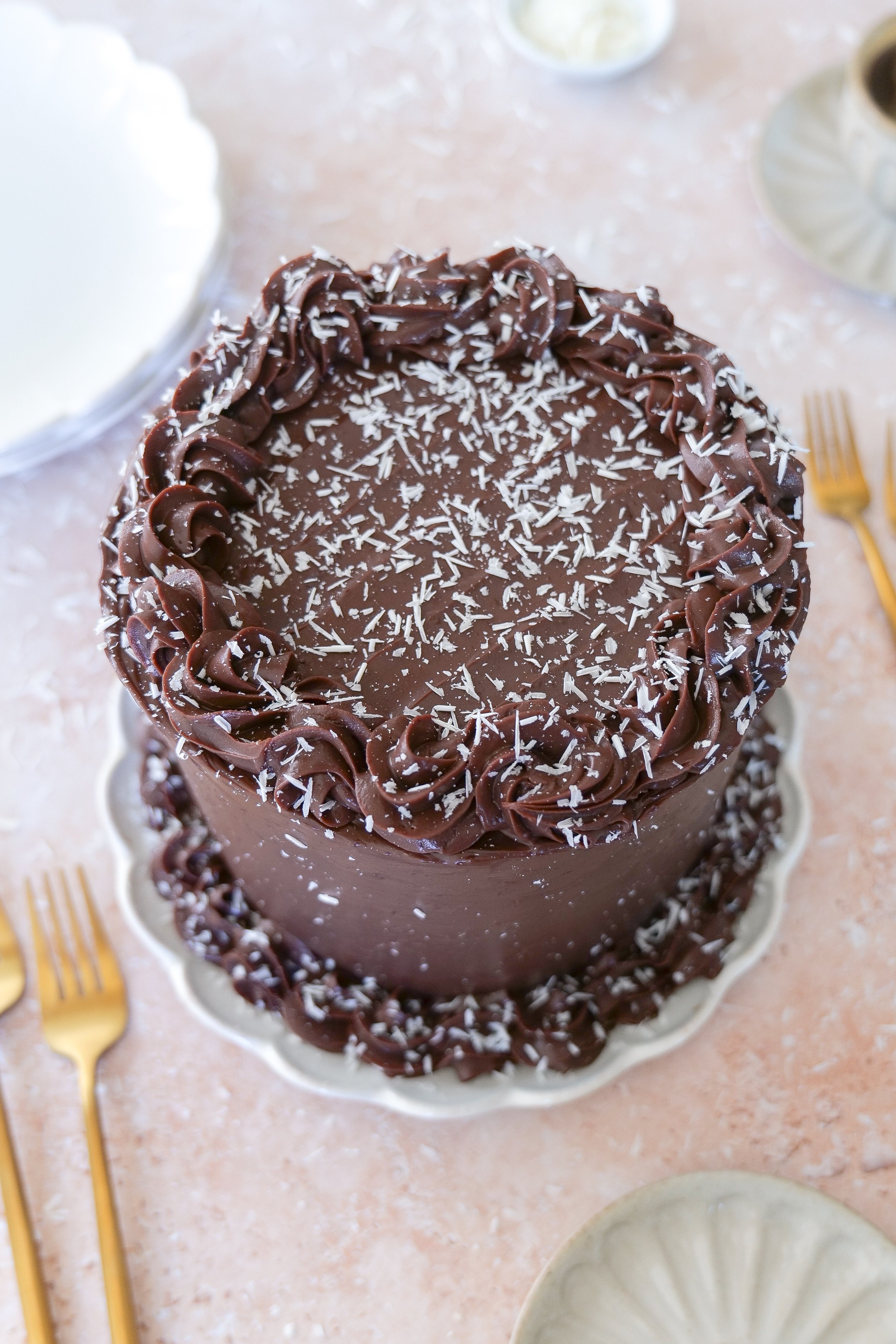 Homemade Tuxedo Cake with layers of chocolate cake and two kinds of chocolate mousse.