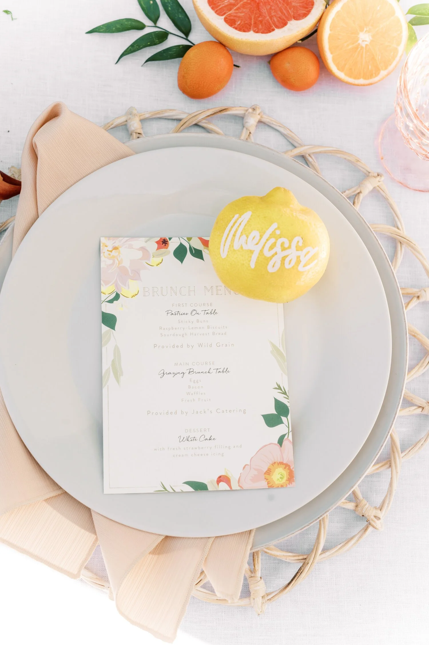Personalized lemon place card at a table setting