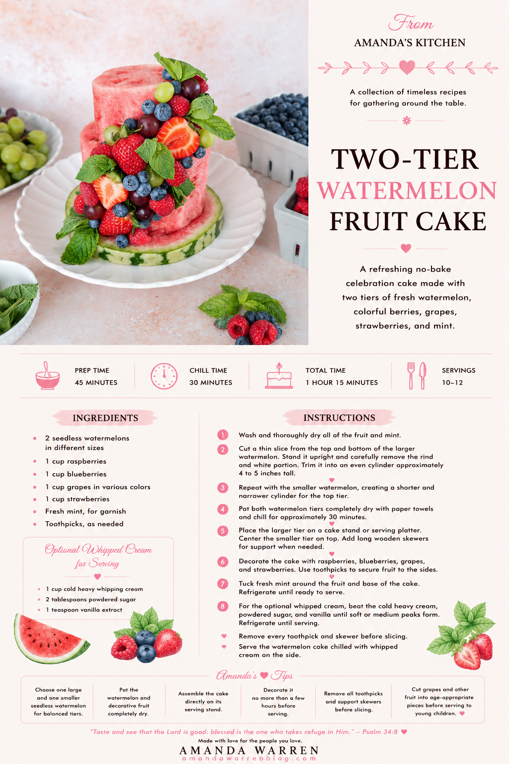 Printable recipe for an easy two-tier watermelon fruit cake made with berries, grapes, strawberries, and fresh mint.