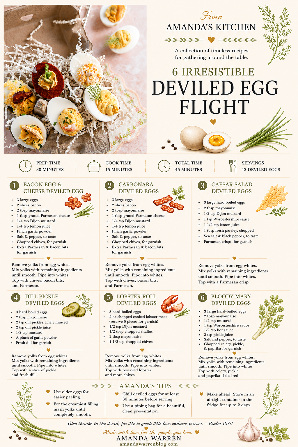 A deviled egg flight featuring six gourmet deviled egg recipes including bacon egg and cheese, carbonara, Caesar salad, dill pickle, lobster roll, and Bloody Mary deviled eggs arranged on a serving tray.