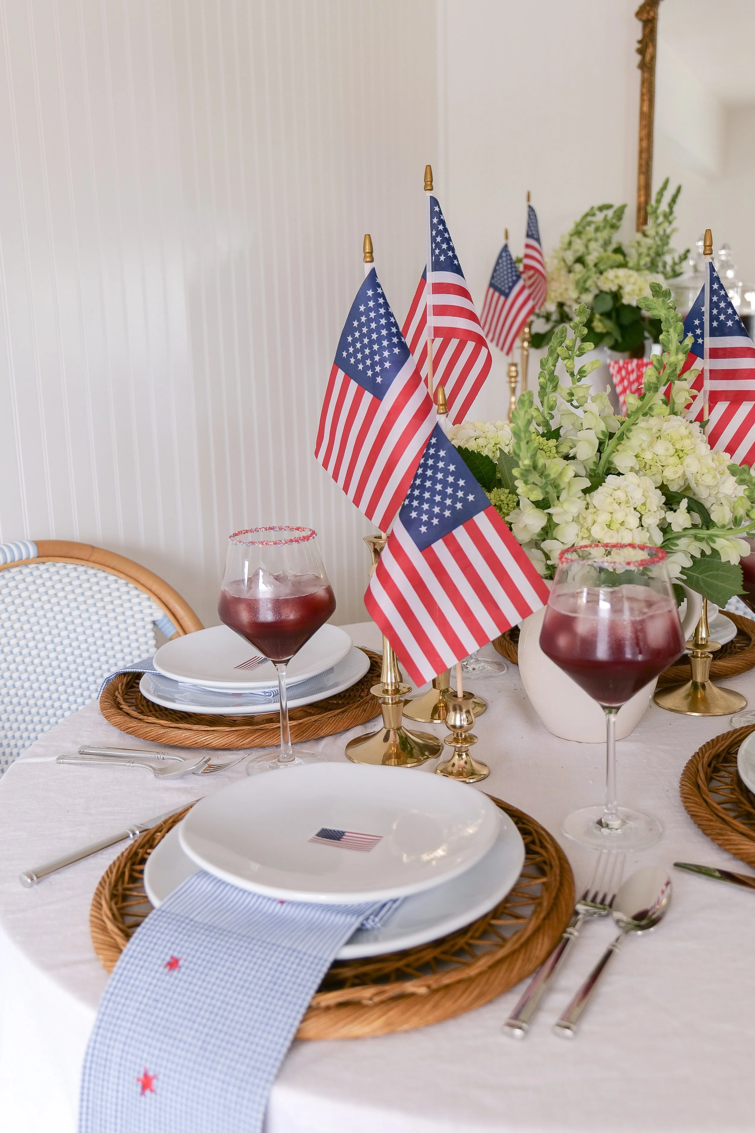Fourth of July place settings with red white and blue accents