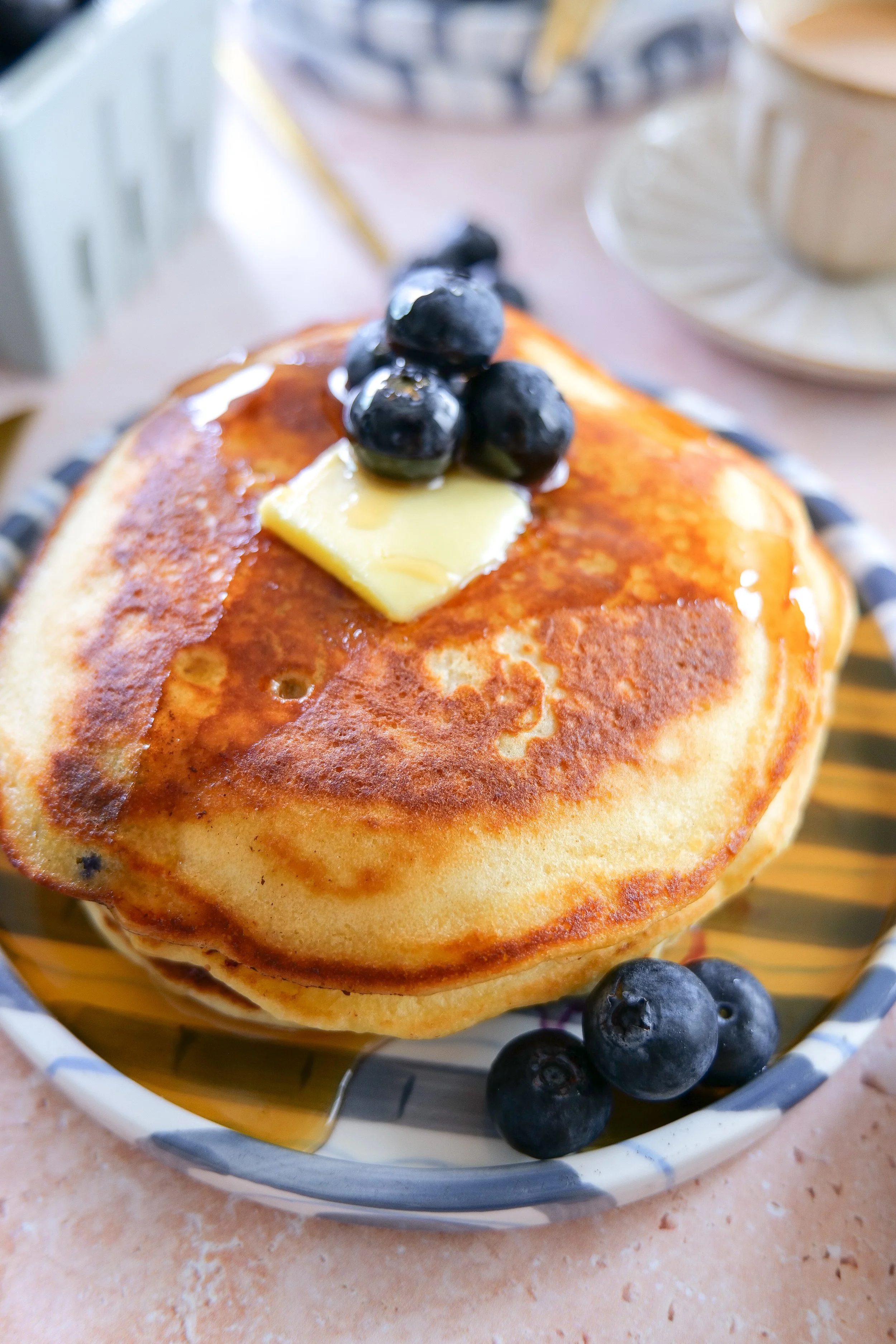 Soft fluffy blueberry sourdough pancakes perfect for brunch or breakfast.