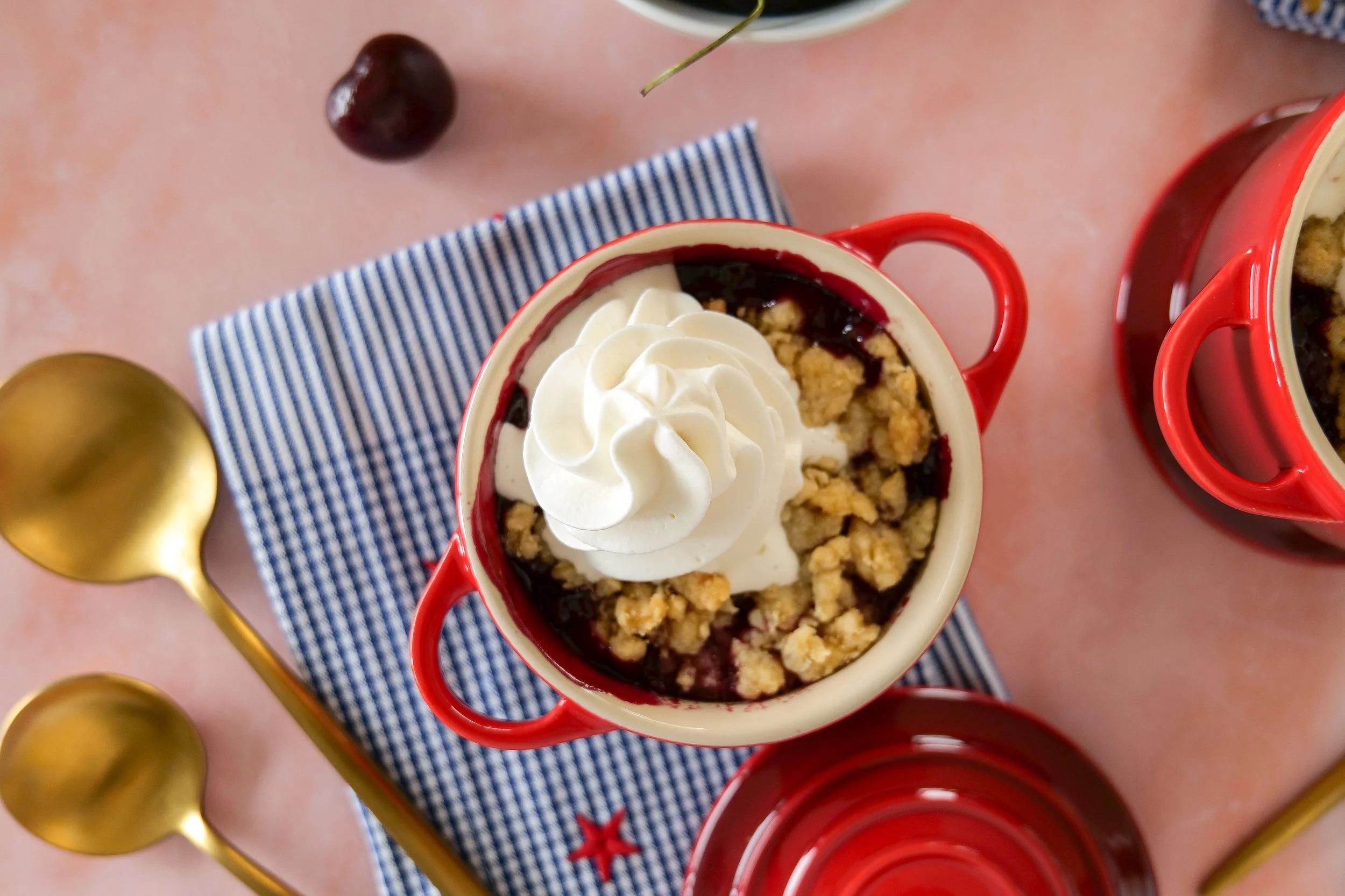 Easy mini cherry cobbler recipe baked in individual ramekins