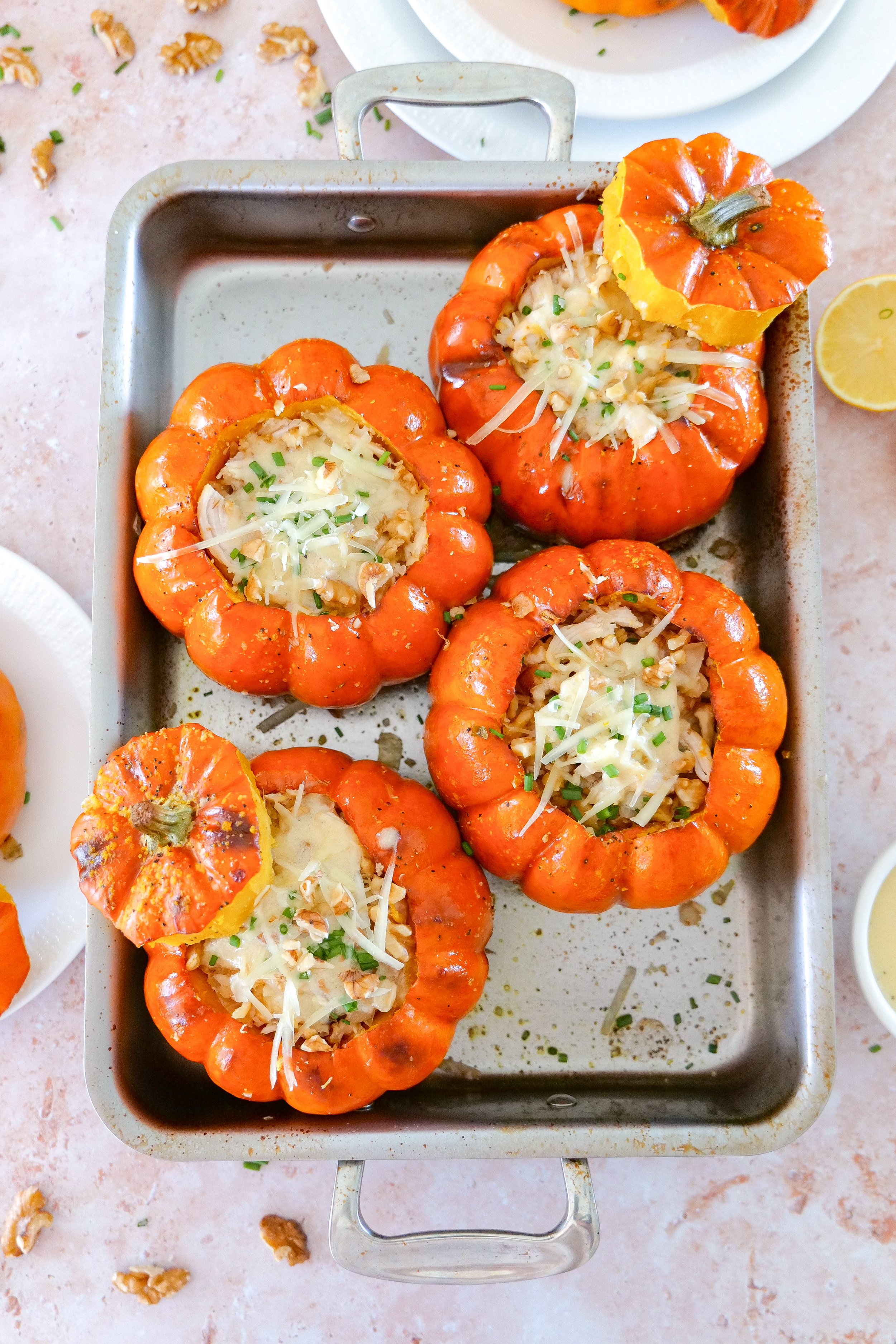 Creamy stuffed pumpkin with chicken, melted Gruyère, walnuts and fresh chives.
