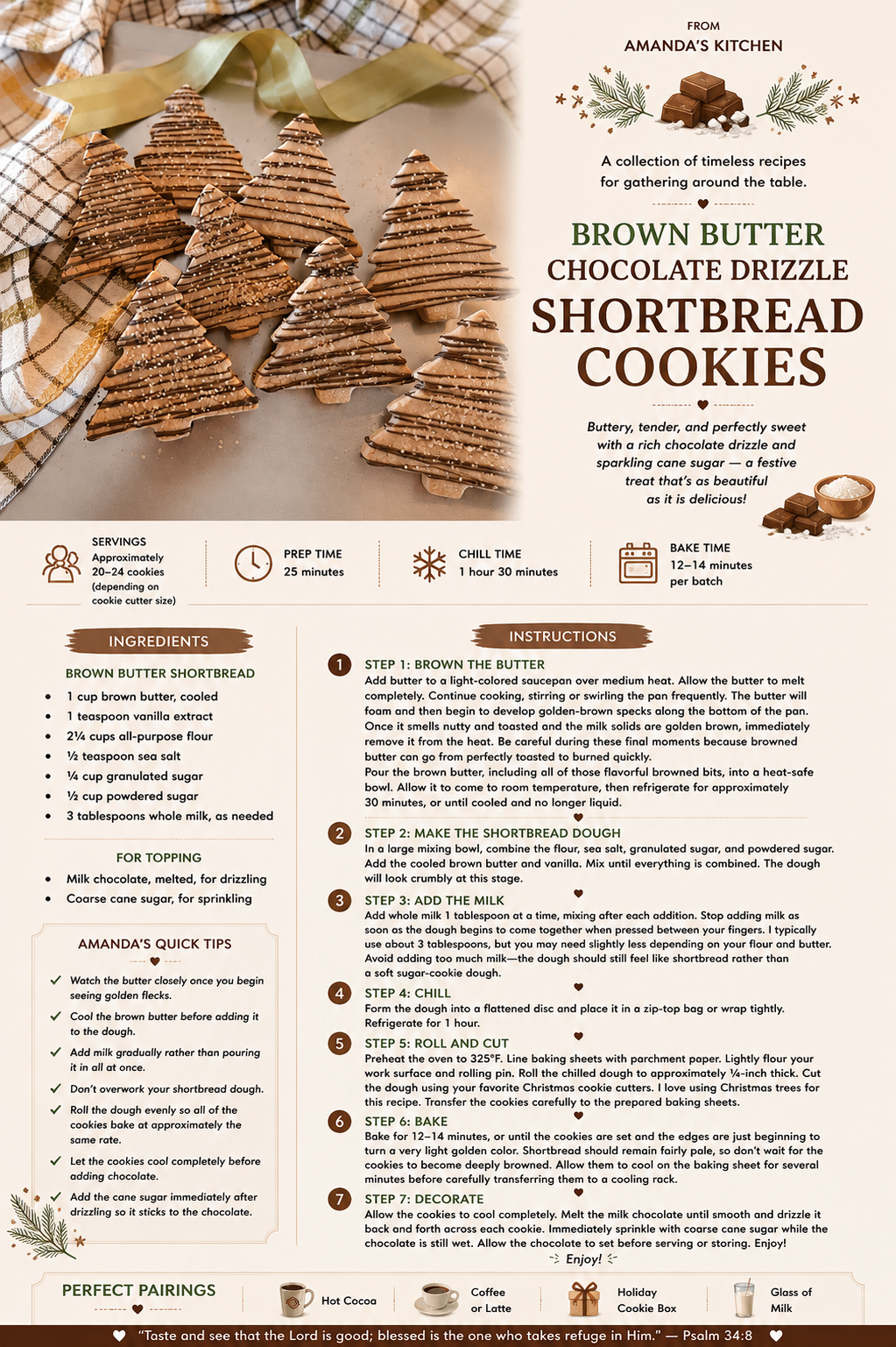 Printable recipe card for brown butter chocolate drizzle shortbread cookies from Amanda's Kitchen.