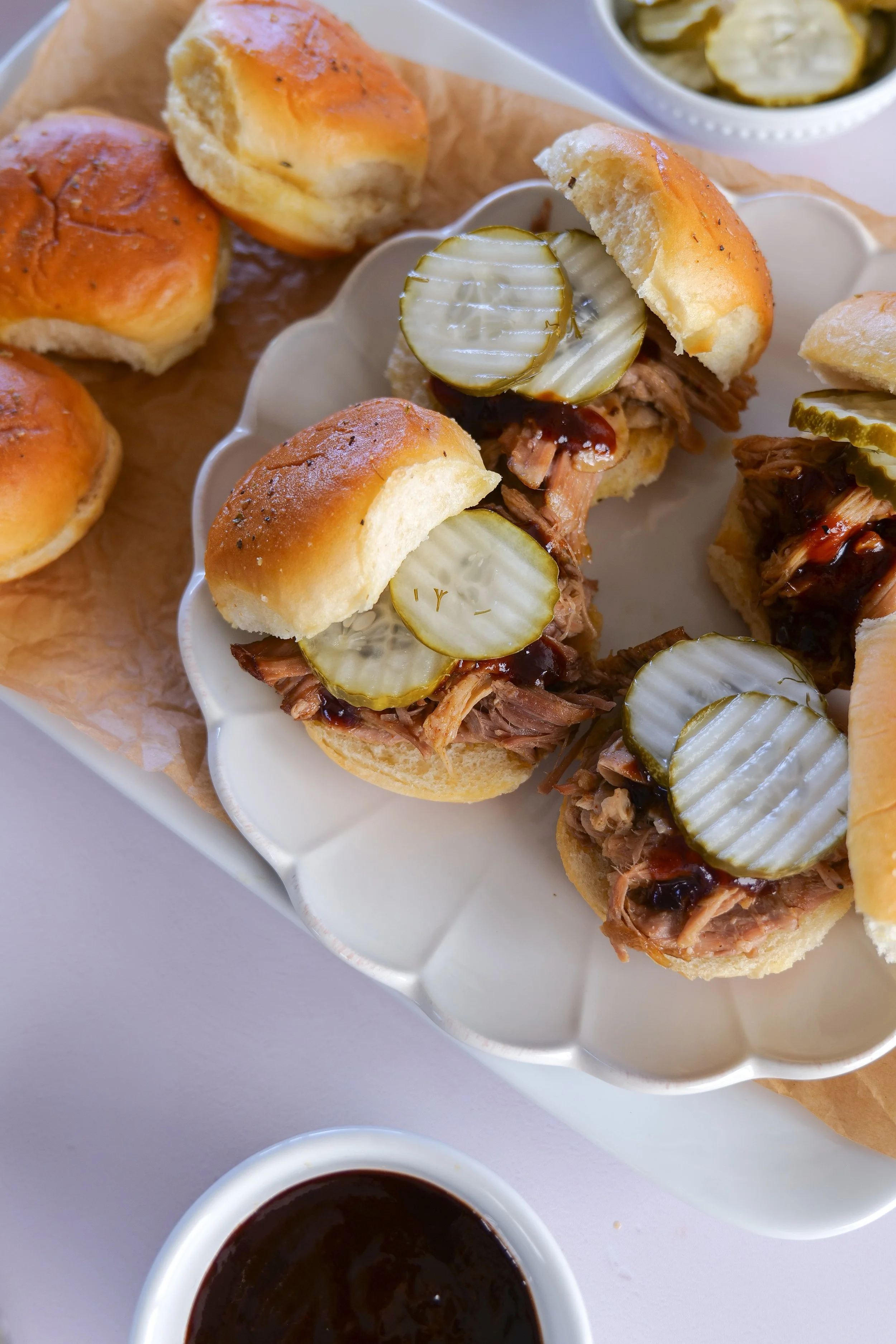Tender slow cooker pulled pork shredded and ready to serve for an easy family dinner.