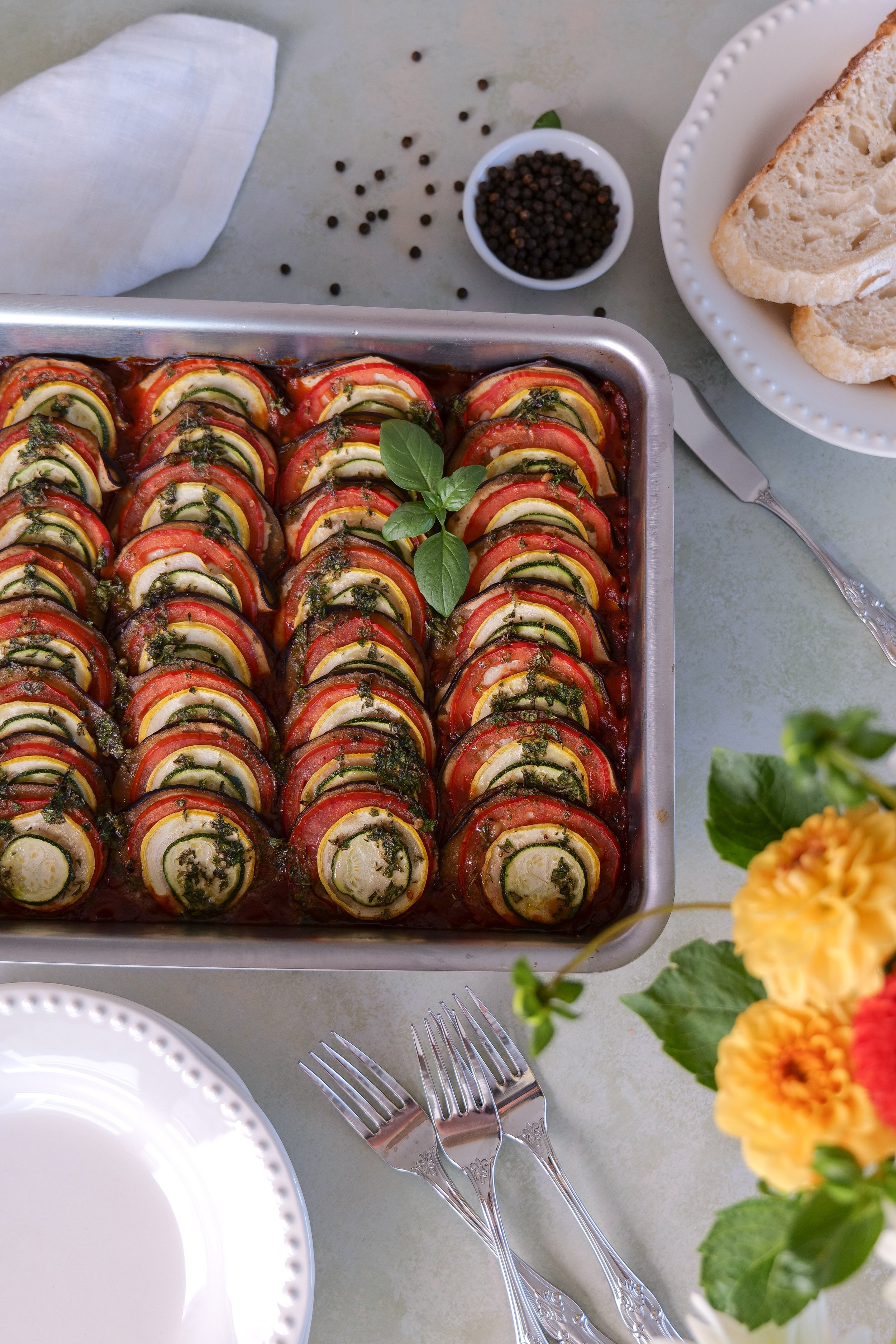 One-pan French ratatouille cooked with fresh seasonal vegetables.