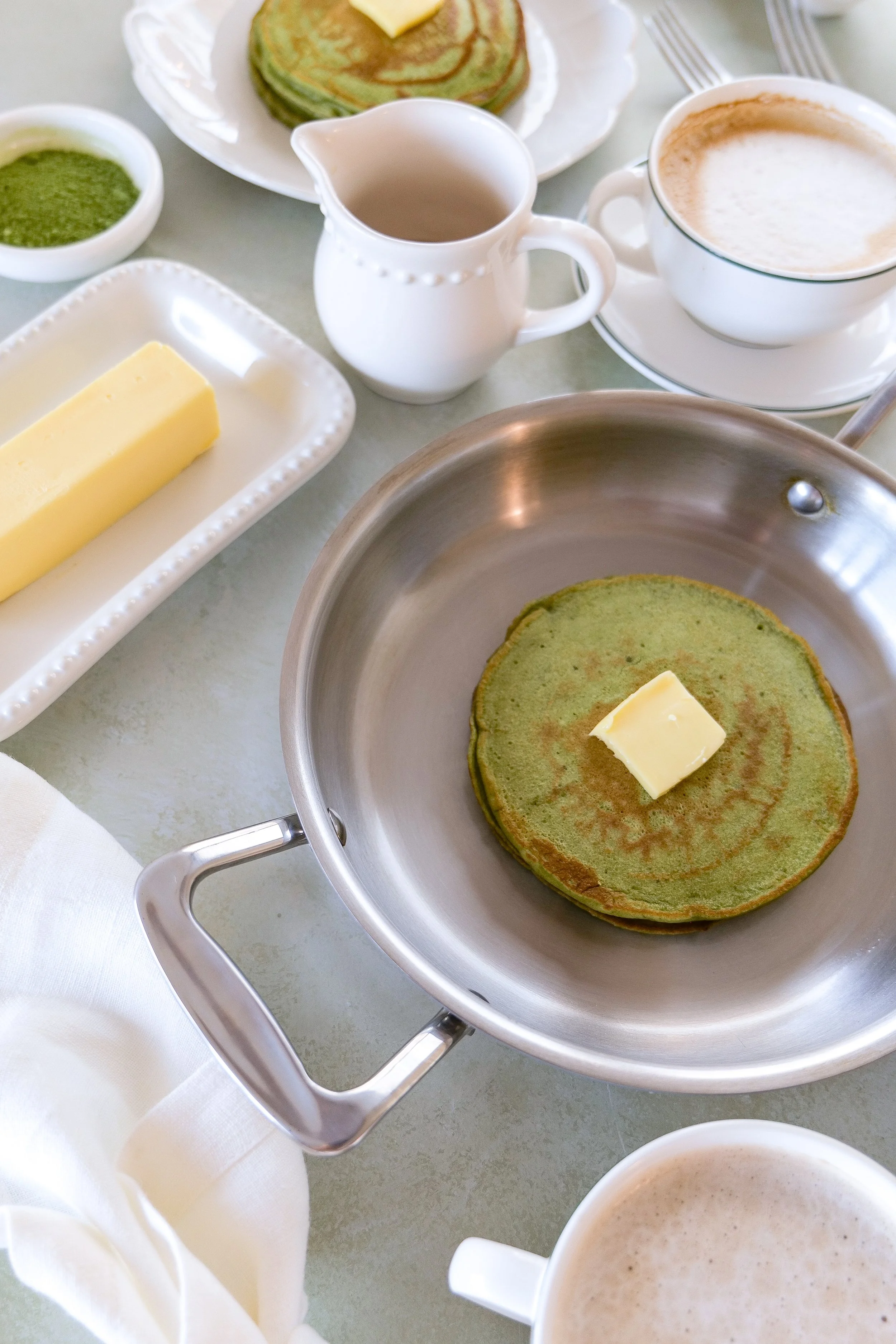 Close-up of fluffy pancakes showing green color