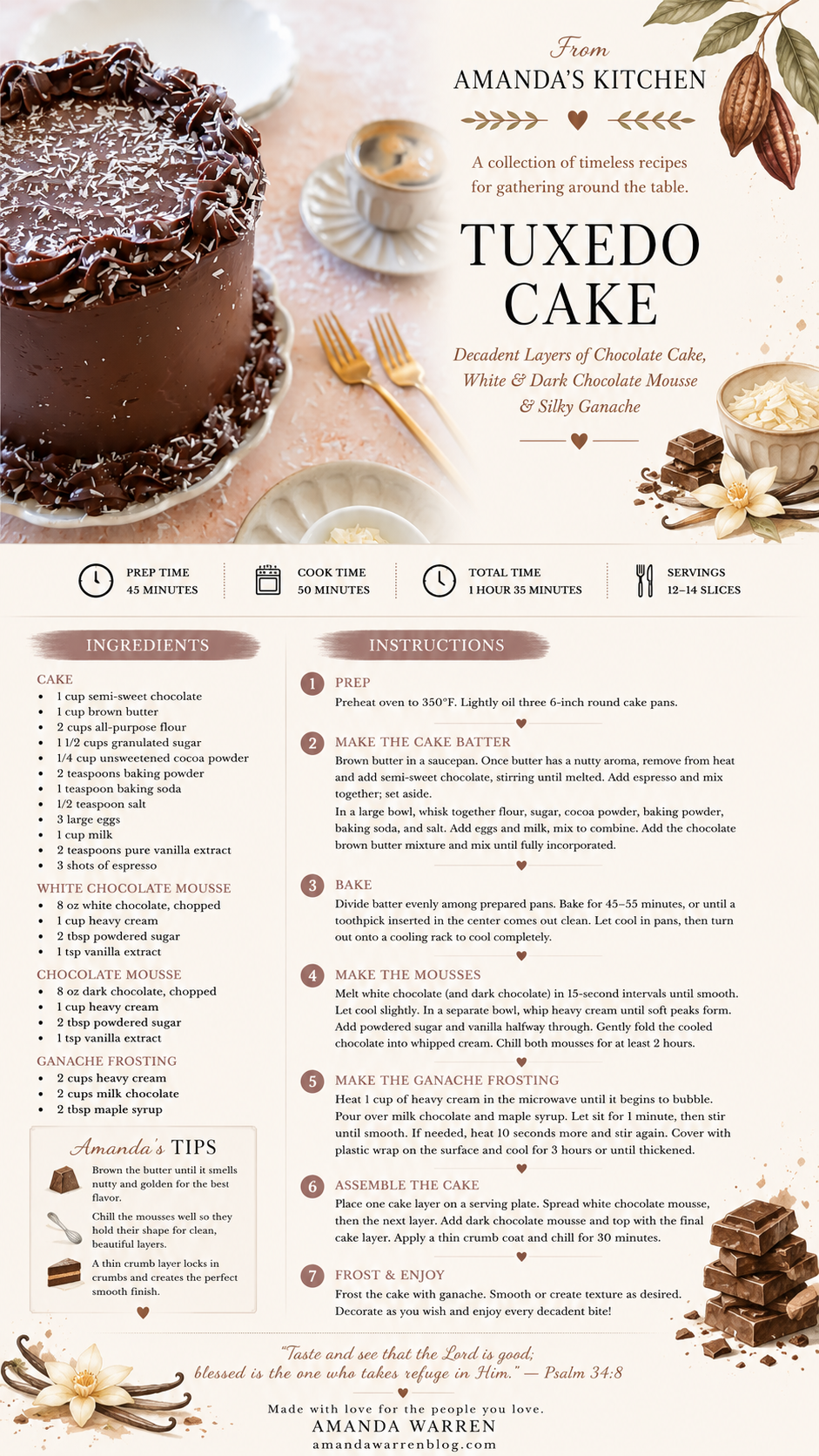 Printable Tuxedo Cake recipe card with chocolate cake, white and dark chocolate mousse, and milk chocolate ganache.