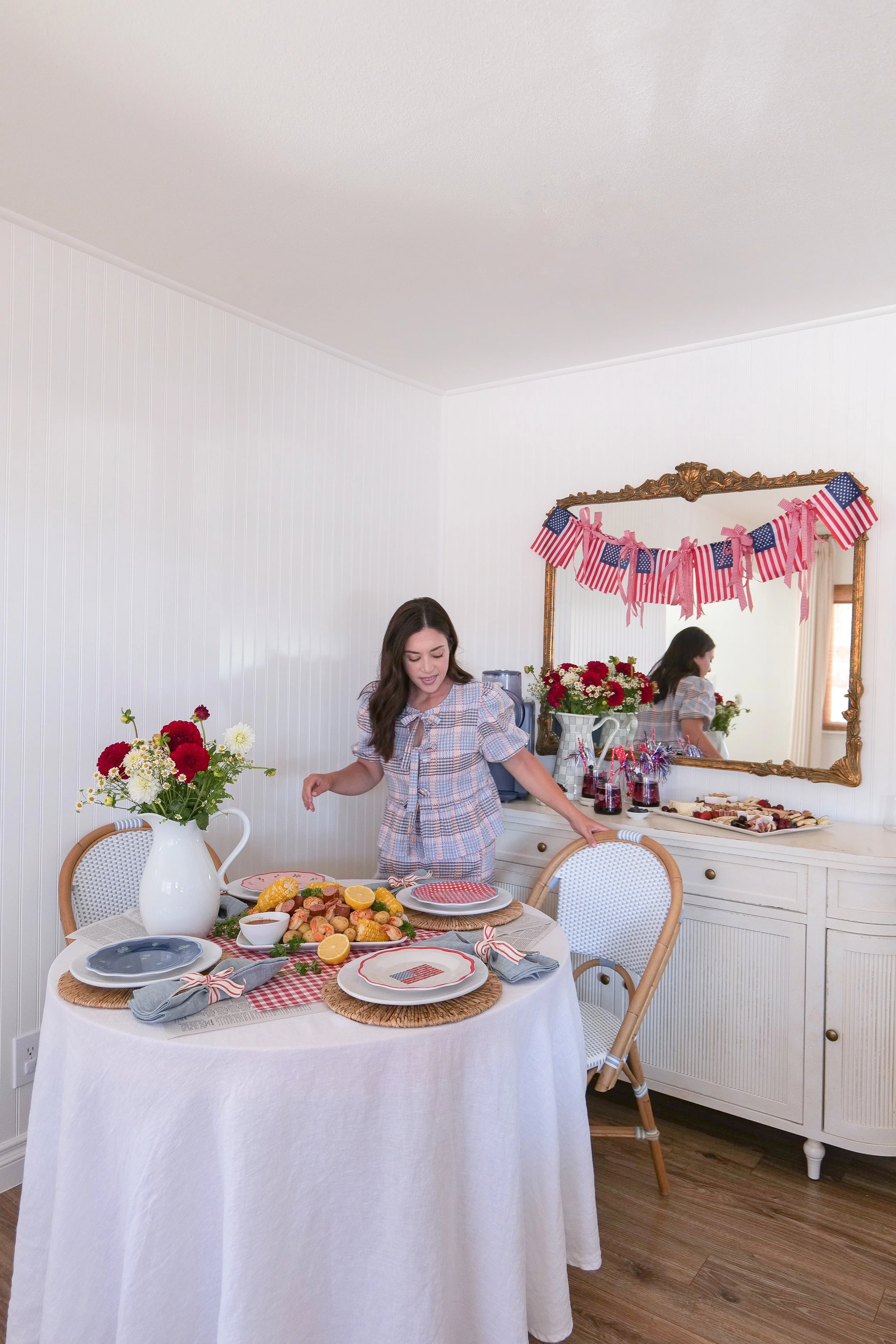 Patriotic summer party food featuring a shrimp boil and seasonal appetizers.