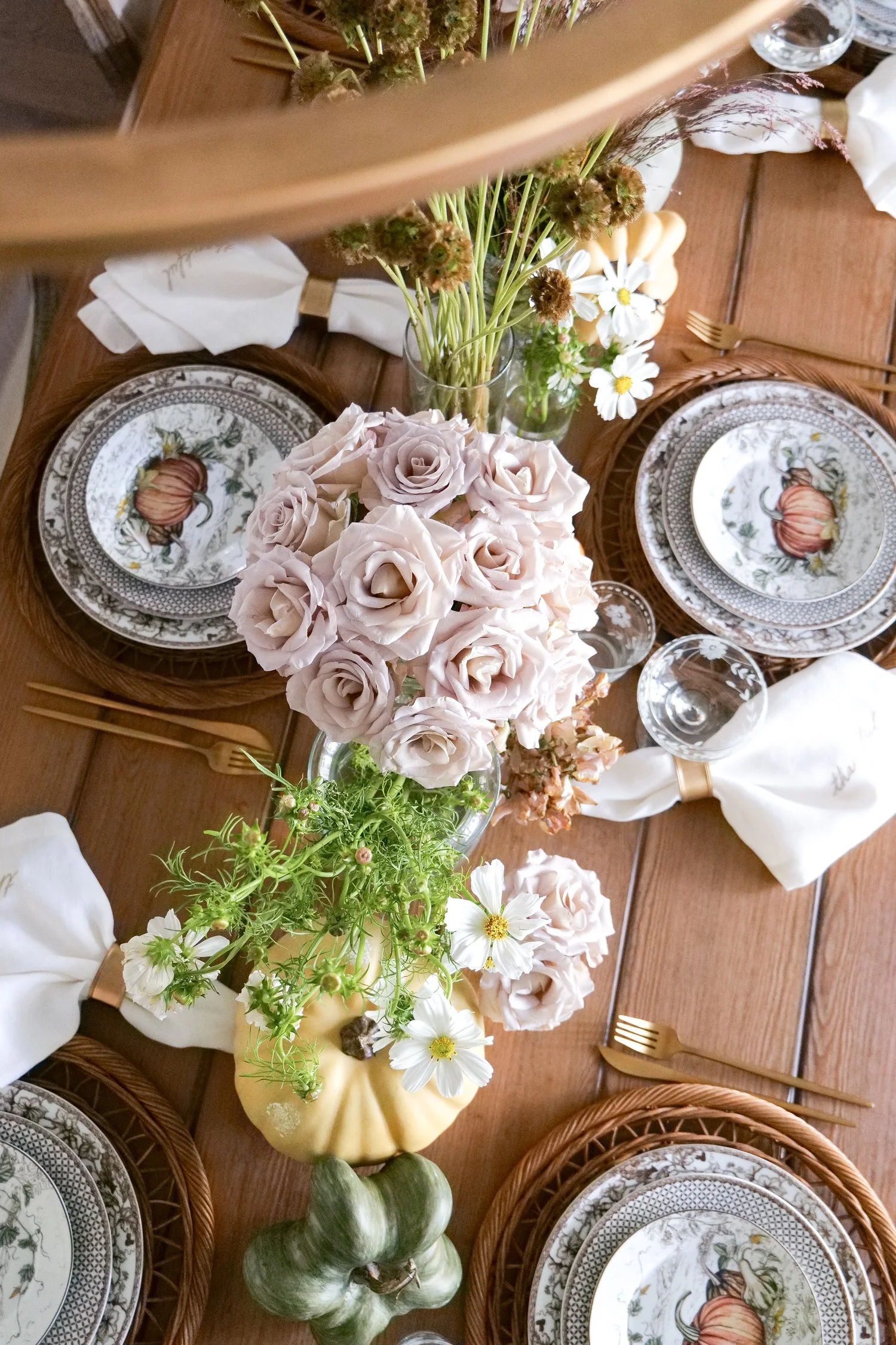 Fall vegetable tablescape with seasonal produce and table decor