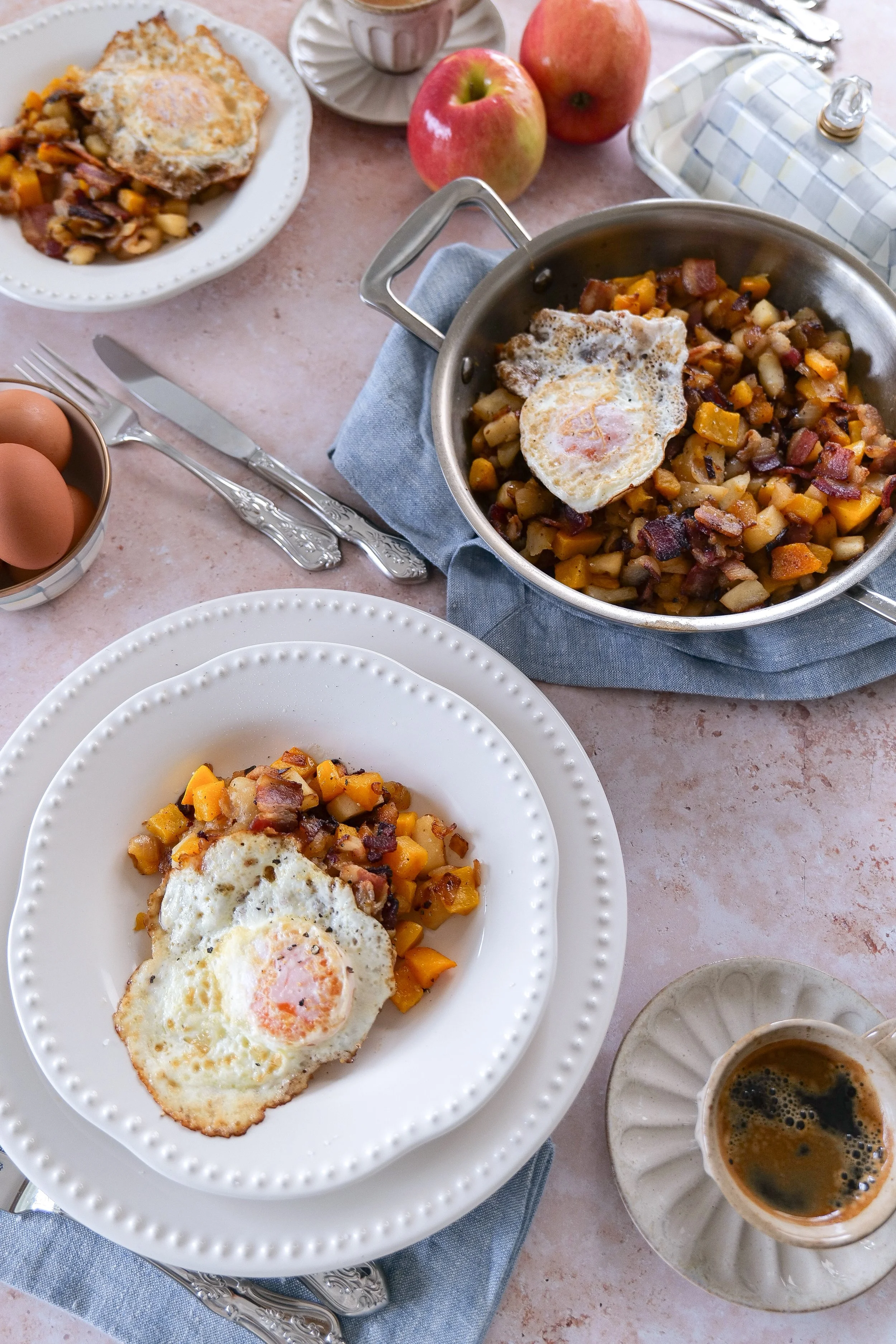 Sweet and savory apple bacon breakfast hash with roasted butternut squash.